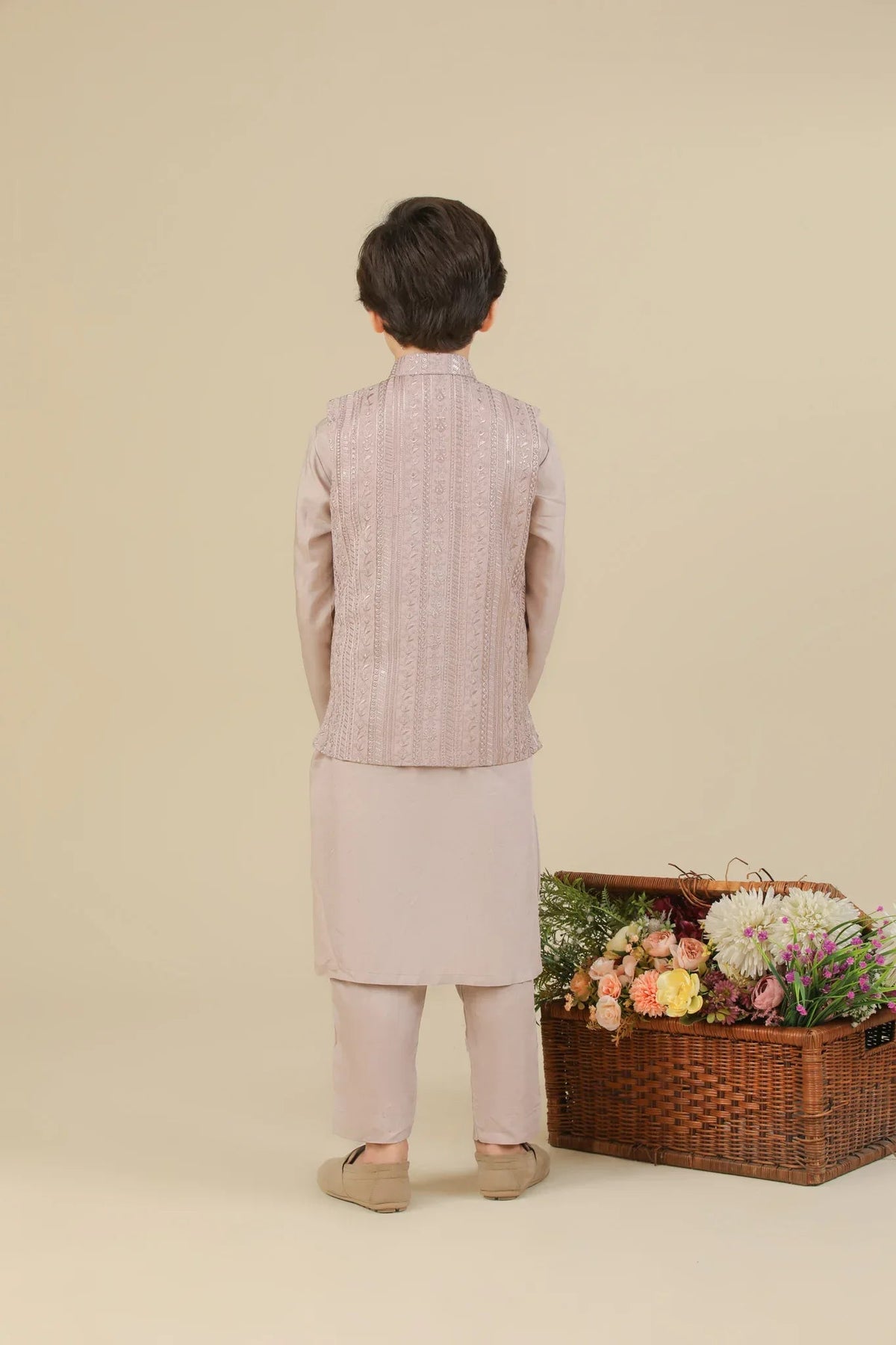 Pink Kurta Trouser with Falling Embroidered Waistcoat - 3PC - Kids