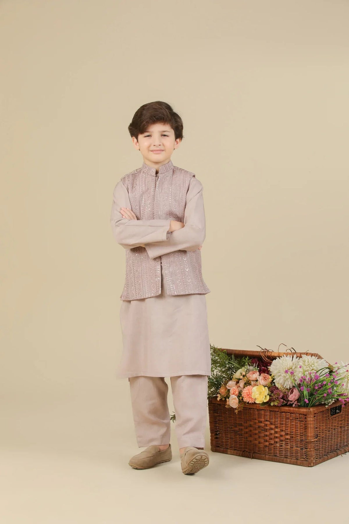 Pink Kurta Trouser with Falling Embroidered Waistcoat - 3PC - Kids
