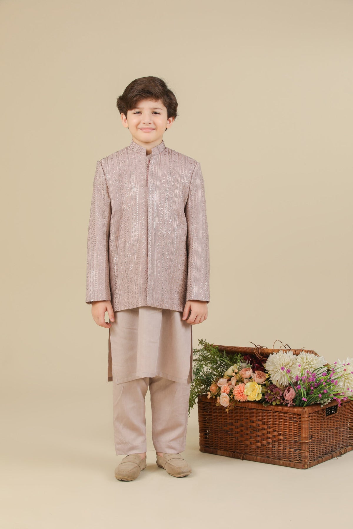 Pink Kurta Trouser with Falling Embroidered Prince Coat - 3PC - Kids