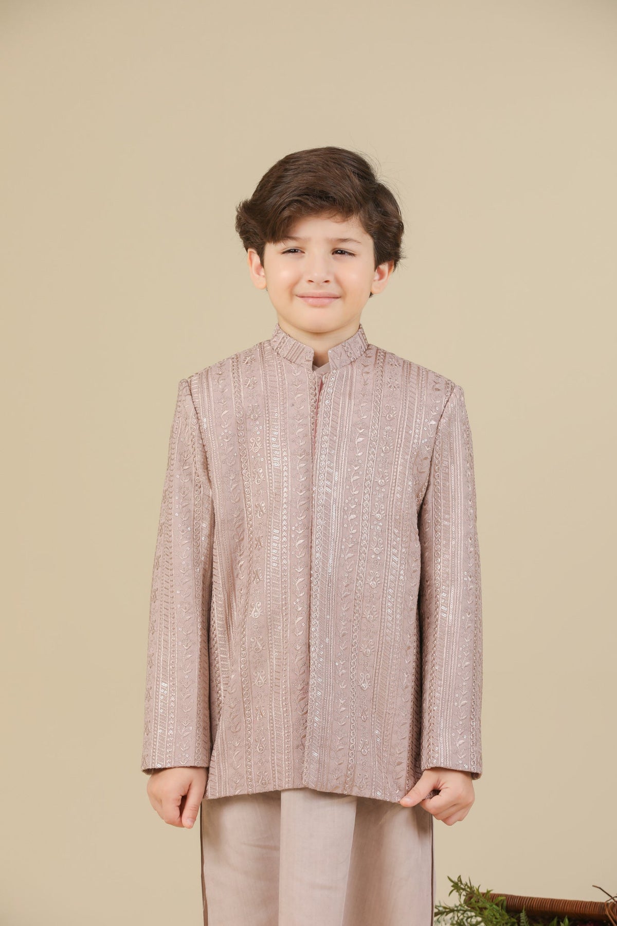 Pink Kurta Trouser with Falling Embroidered Prince Coat - 3PC - Kids