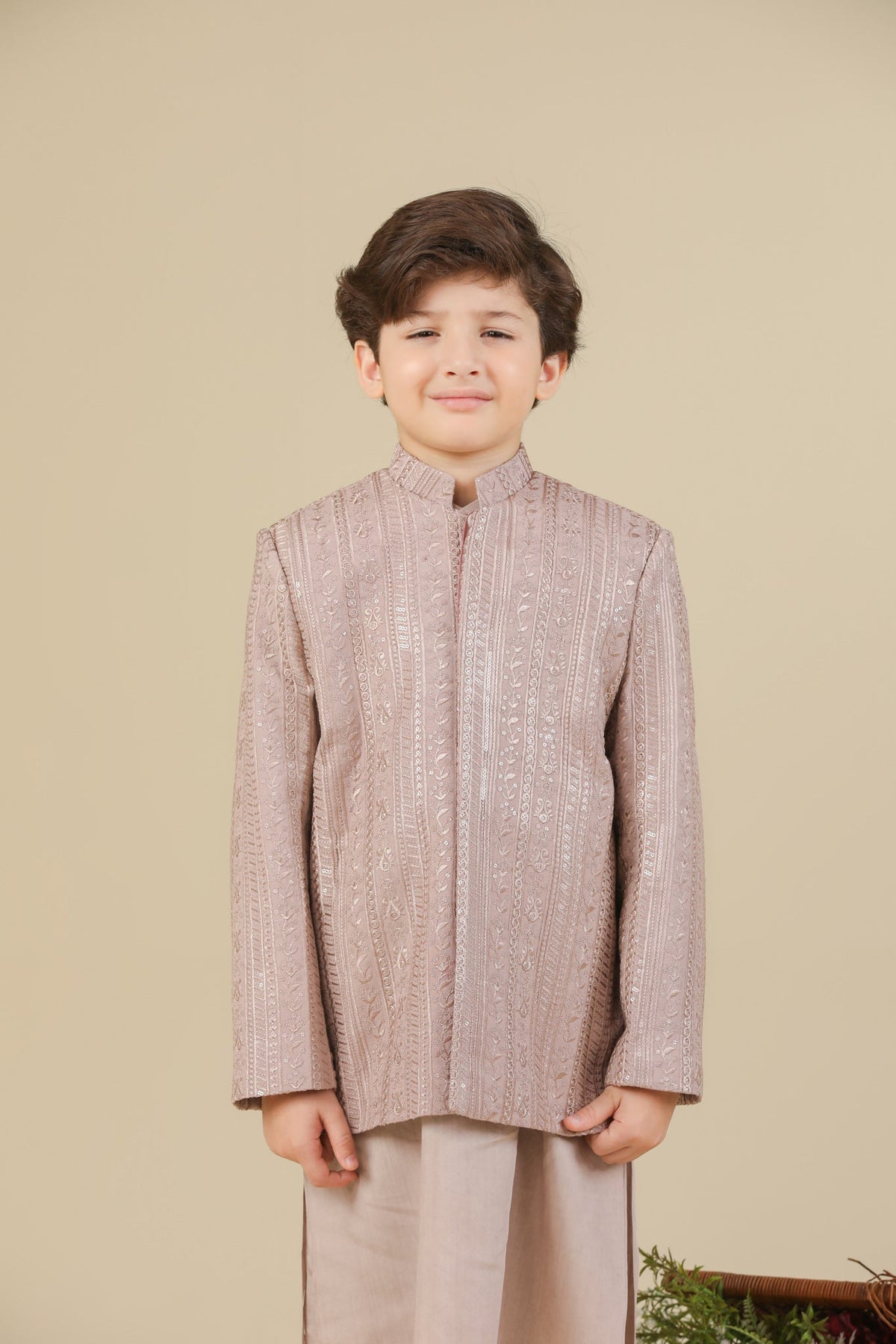 Pink Kurta Trouser with Falling Embroidered Prince Coat - 3PC - Kids