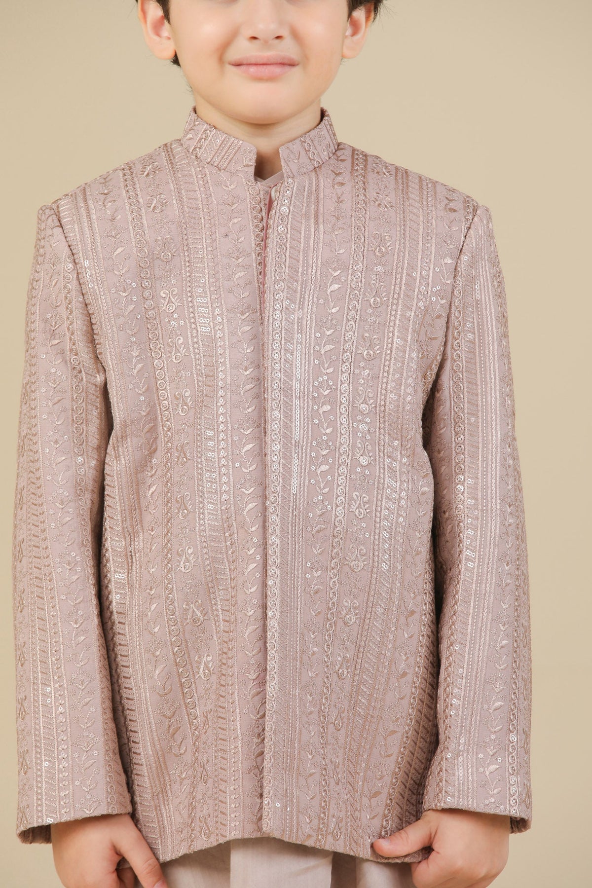 Pink Kurta Trouser with Falling Embroidered Prince Coat - 3PC - Kids