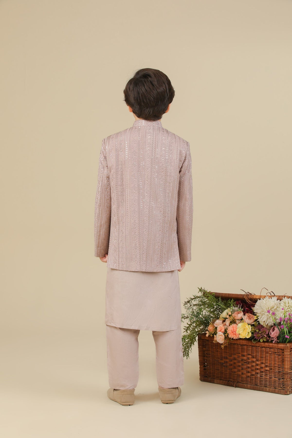 Pink Kurta Trouser with Falling Embroidered Prince Coat - 3PC - Kids