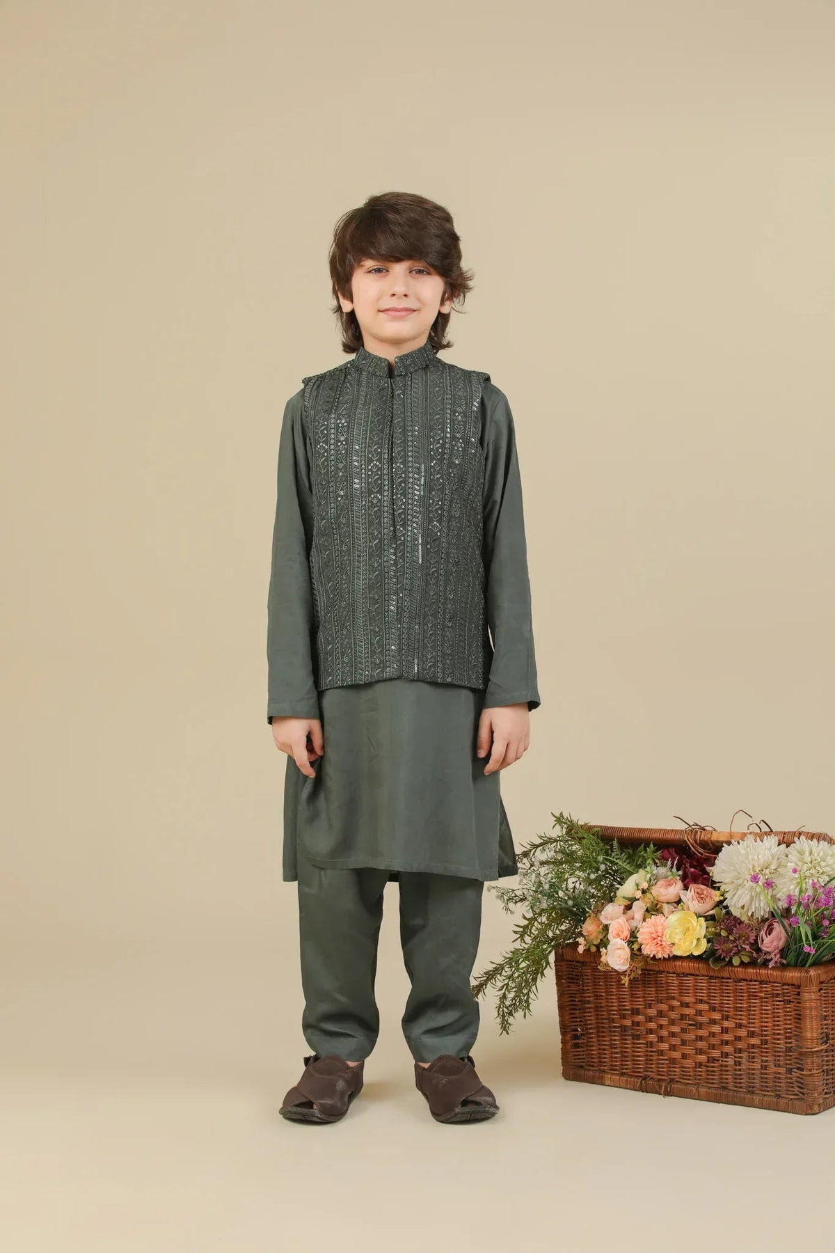 Olive Green Kurta Trouser with Falling Embroidered Waistcoat - 3PC - Kids