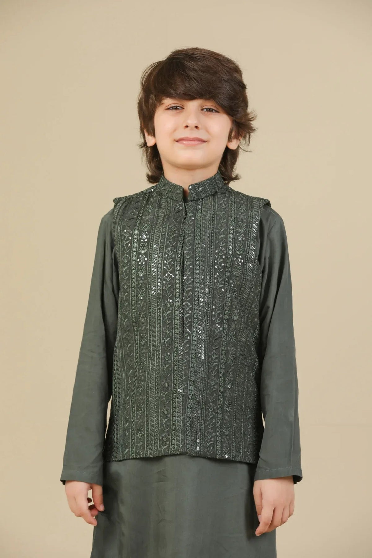 Olive Green Kurta Trouser with Falling Embroidered Waistcoat - 3PC - Kids