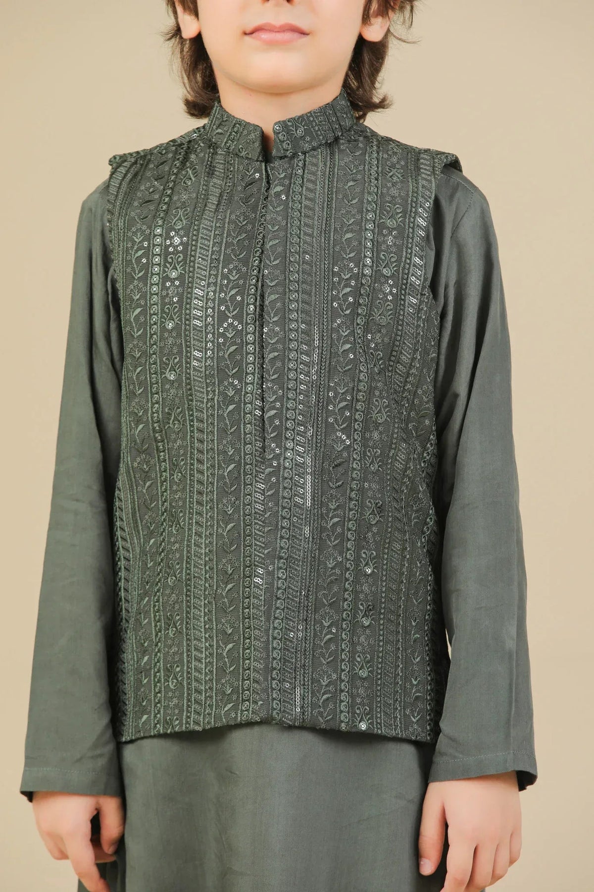 Olive Green Kurta Trouser with Falling Embroidered Waistcoat - 3PC - Kids