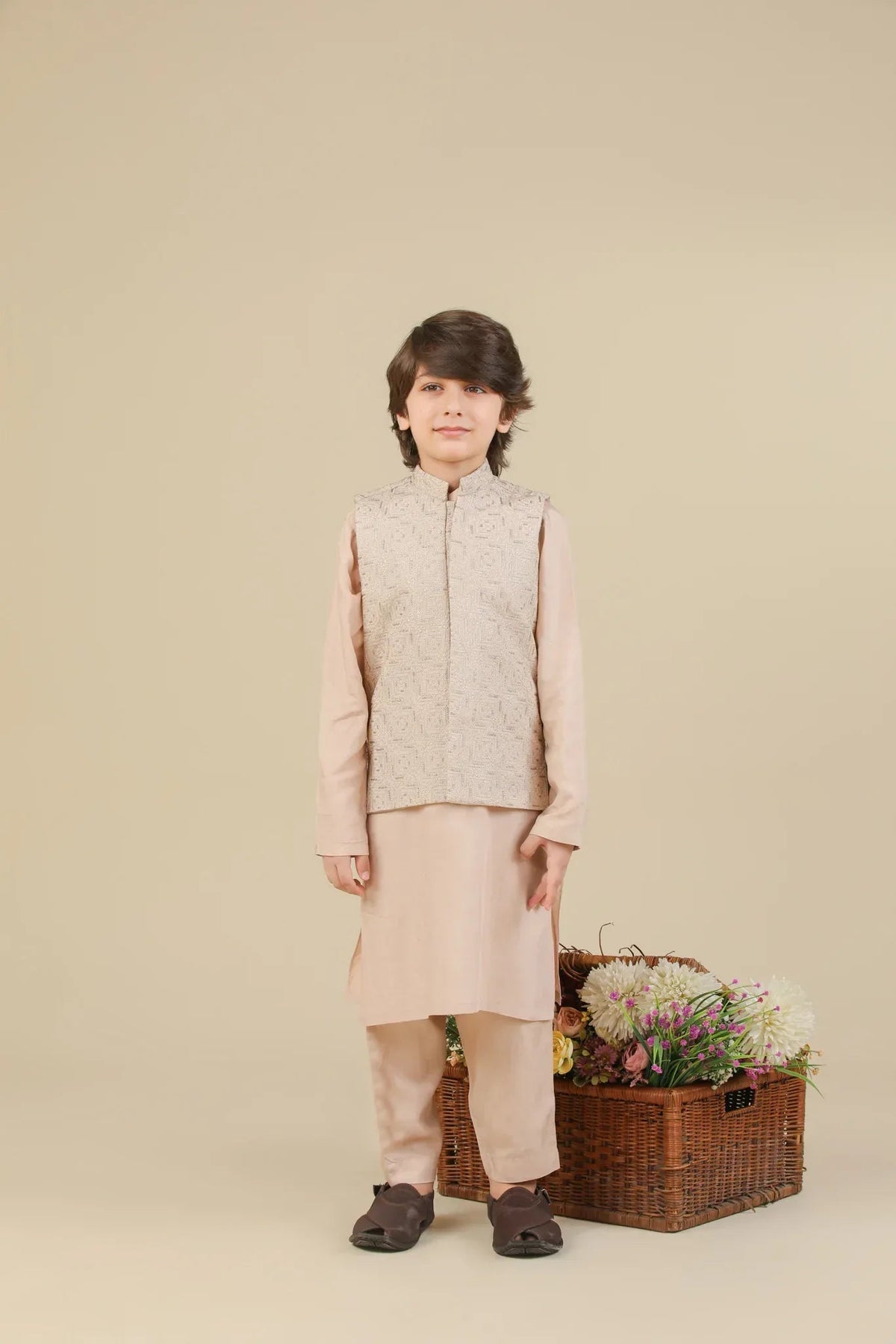 Coffee Beige Kurta Trouser with Square Embroidered Waistcoat - 3PC - Kids
