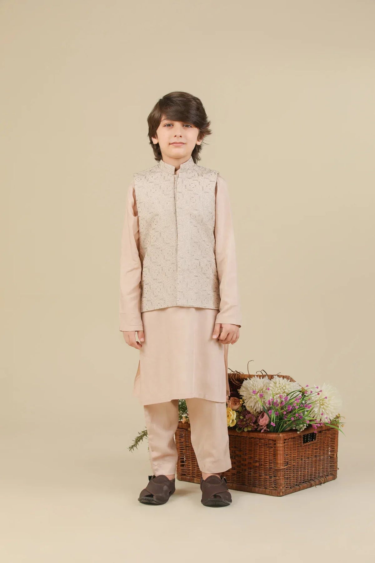 Coffee Beige Kurta Trouser with Square Embroidered Waistcoat - 3PC - Kids