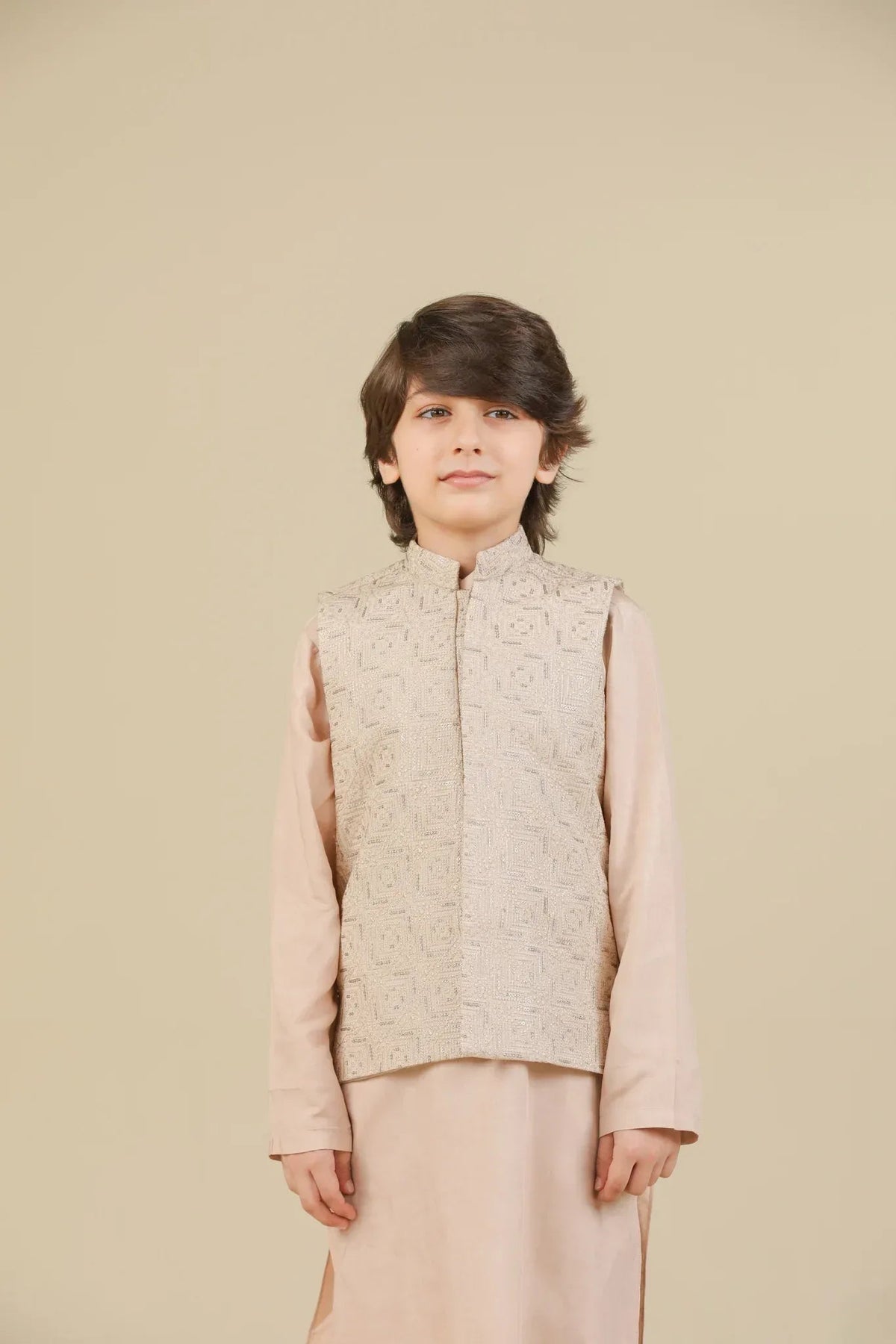 Coffee Beige Kurta Trouser with Square Embroidered Waistcoat - 3PC - Kids