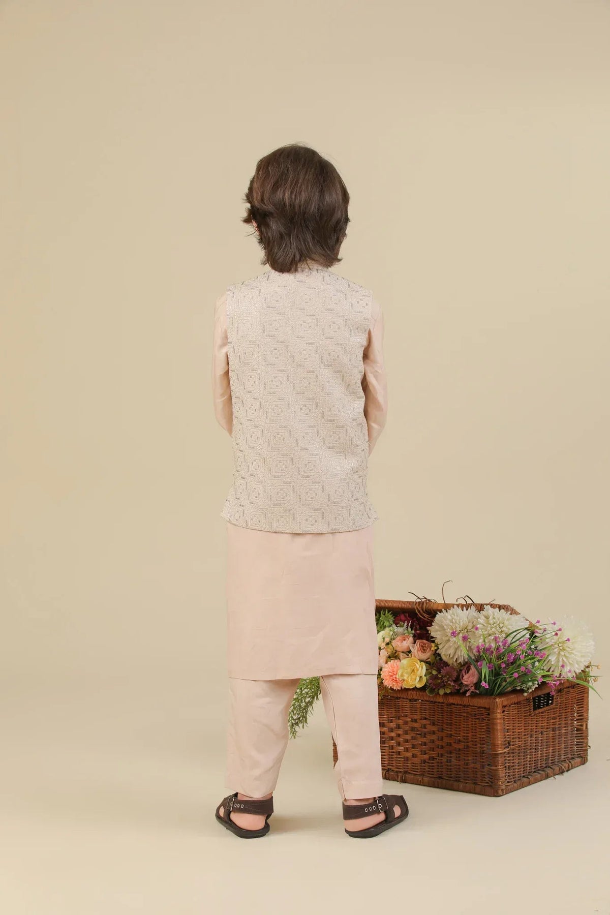 Coffee Beige Kurta Trouser with Square Embroidered Waistcoat - 3PC - Kids