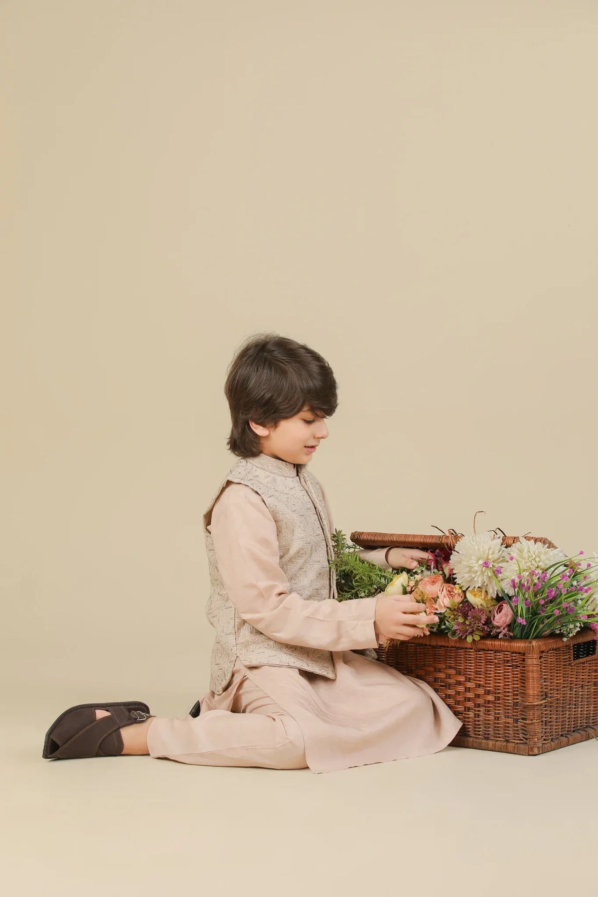 Coffee Beige Kurta Trouser with Square Embroidered Waistcoat - 3PC - Kids