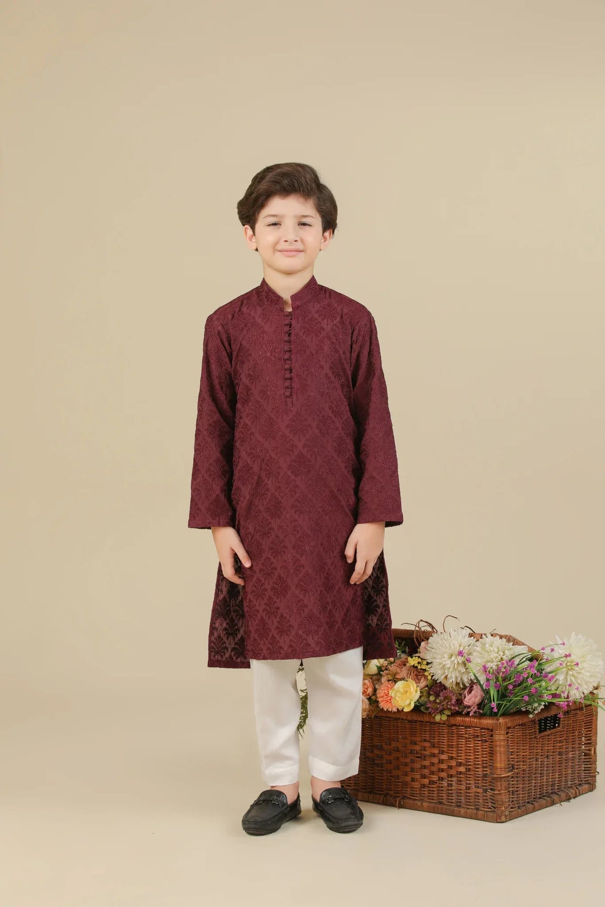 Miras - Maroon Raw Silk Embroidered Kurta Trouser - Kids