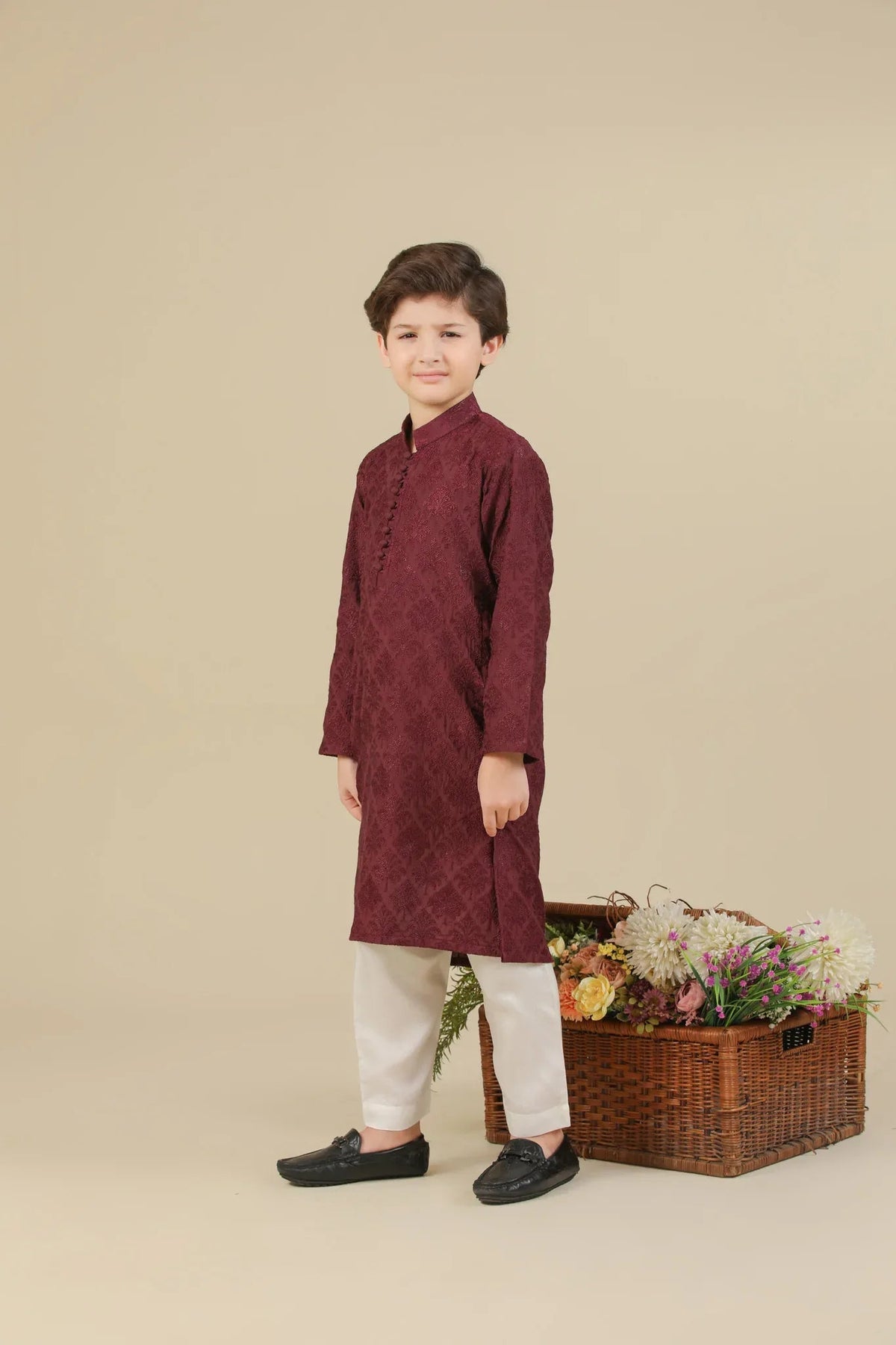 Miras - Maroon Raw Silk Embroidered Kurta Trouser - Kids