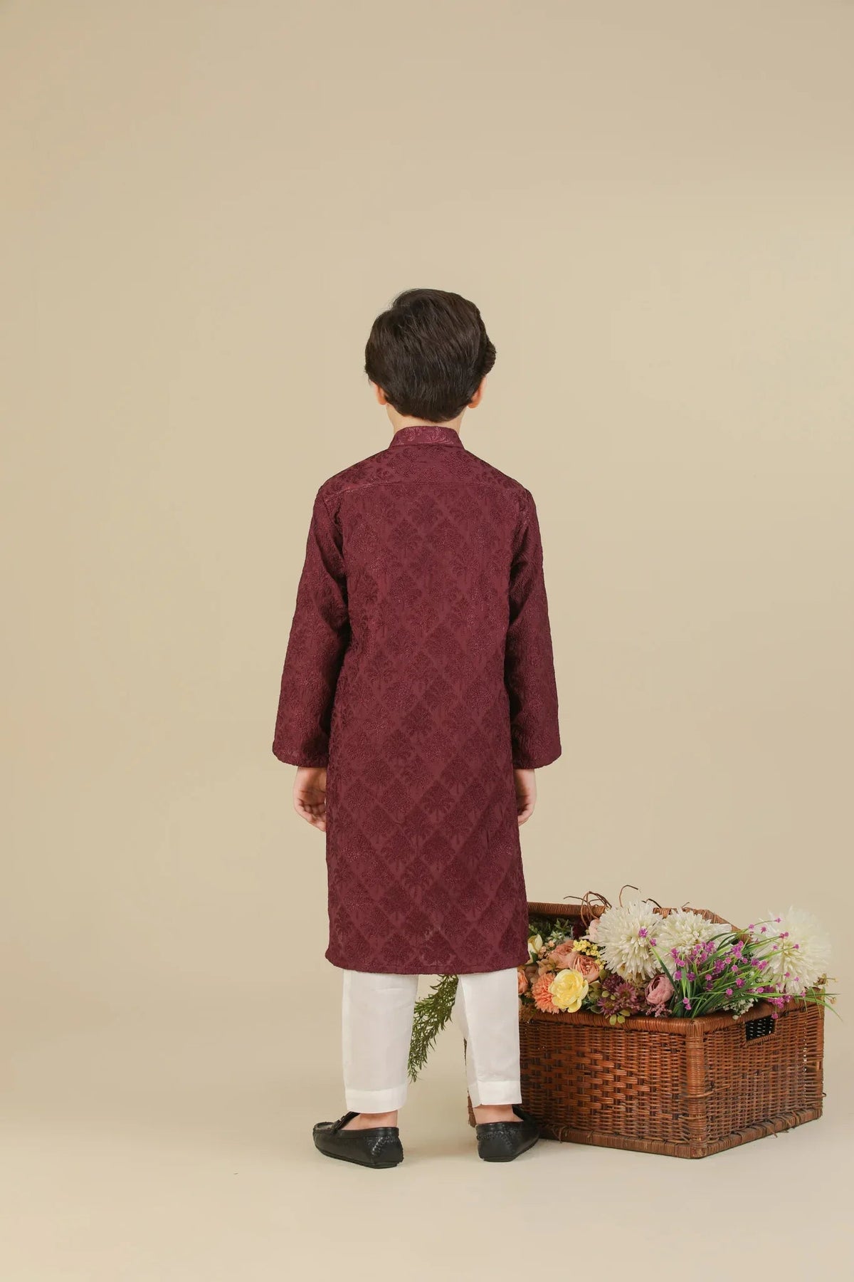 Miras - Maroon Raw Silk Embroidered Kurta Trouser - Kids
