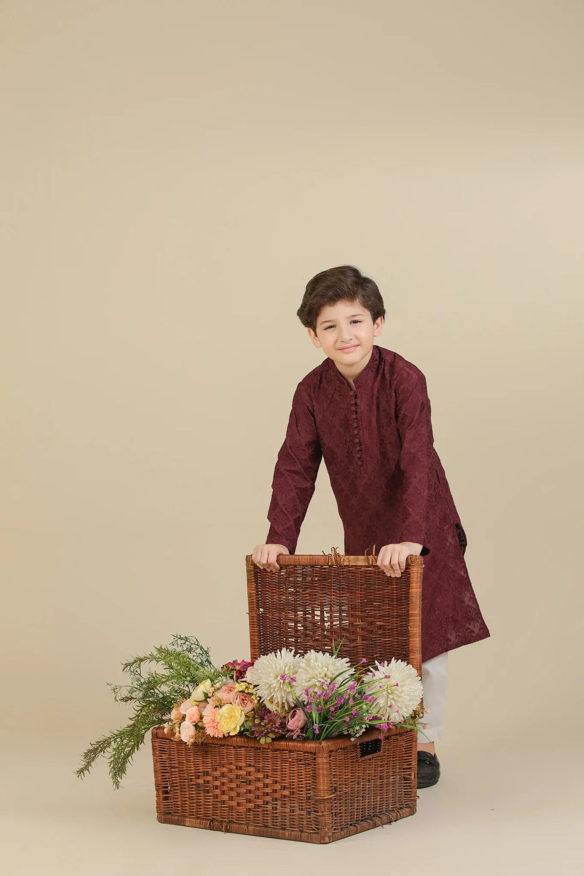 Miras - Maroon Raw Silk Embroidered Kurta Trouser - Kids