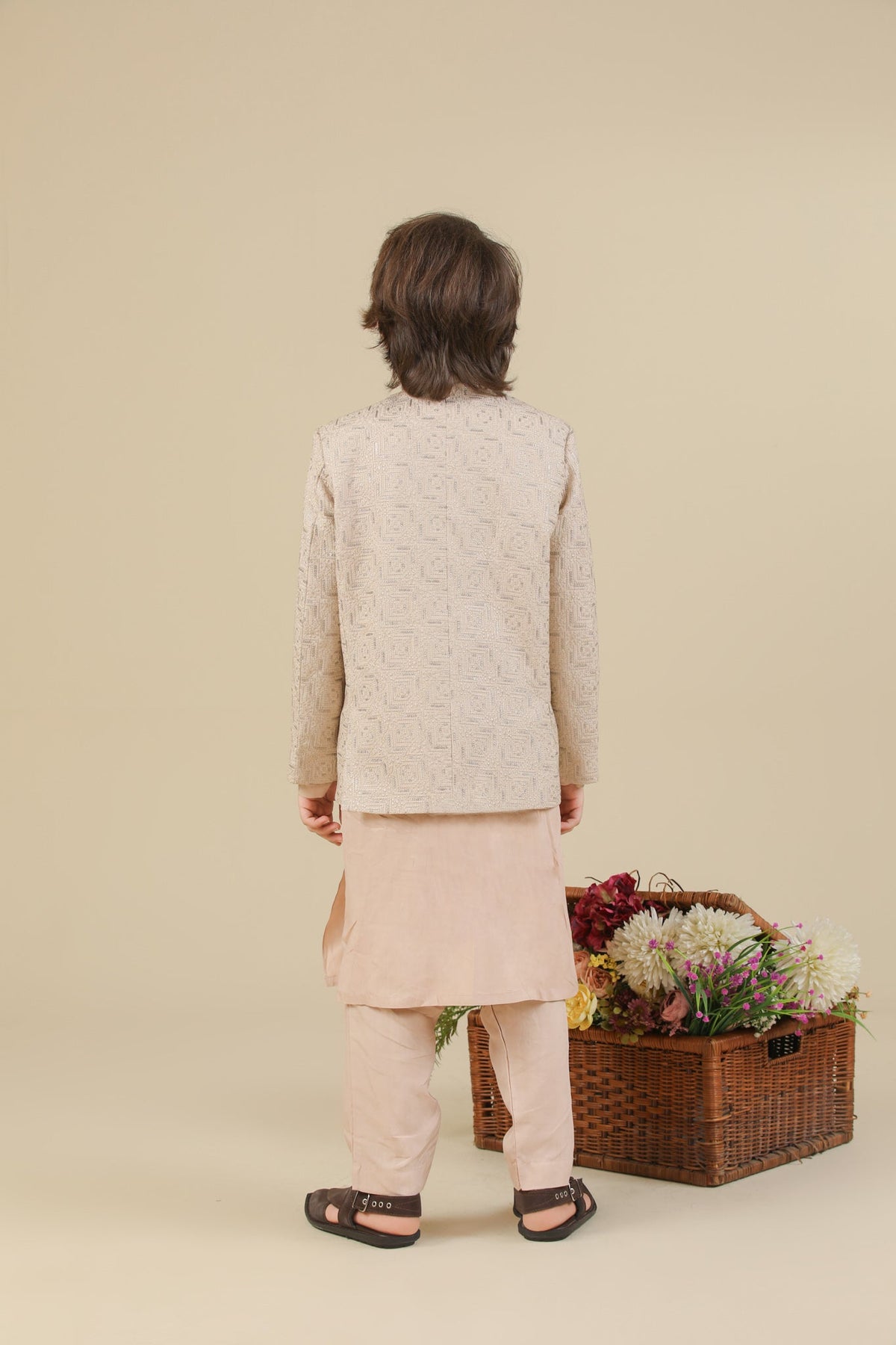 Coffee Beige Kurta Trouser with Square Embroidered Prince Coat - 3PC - Kids