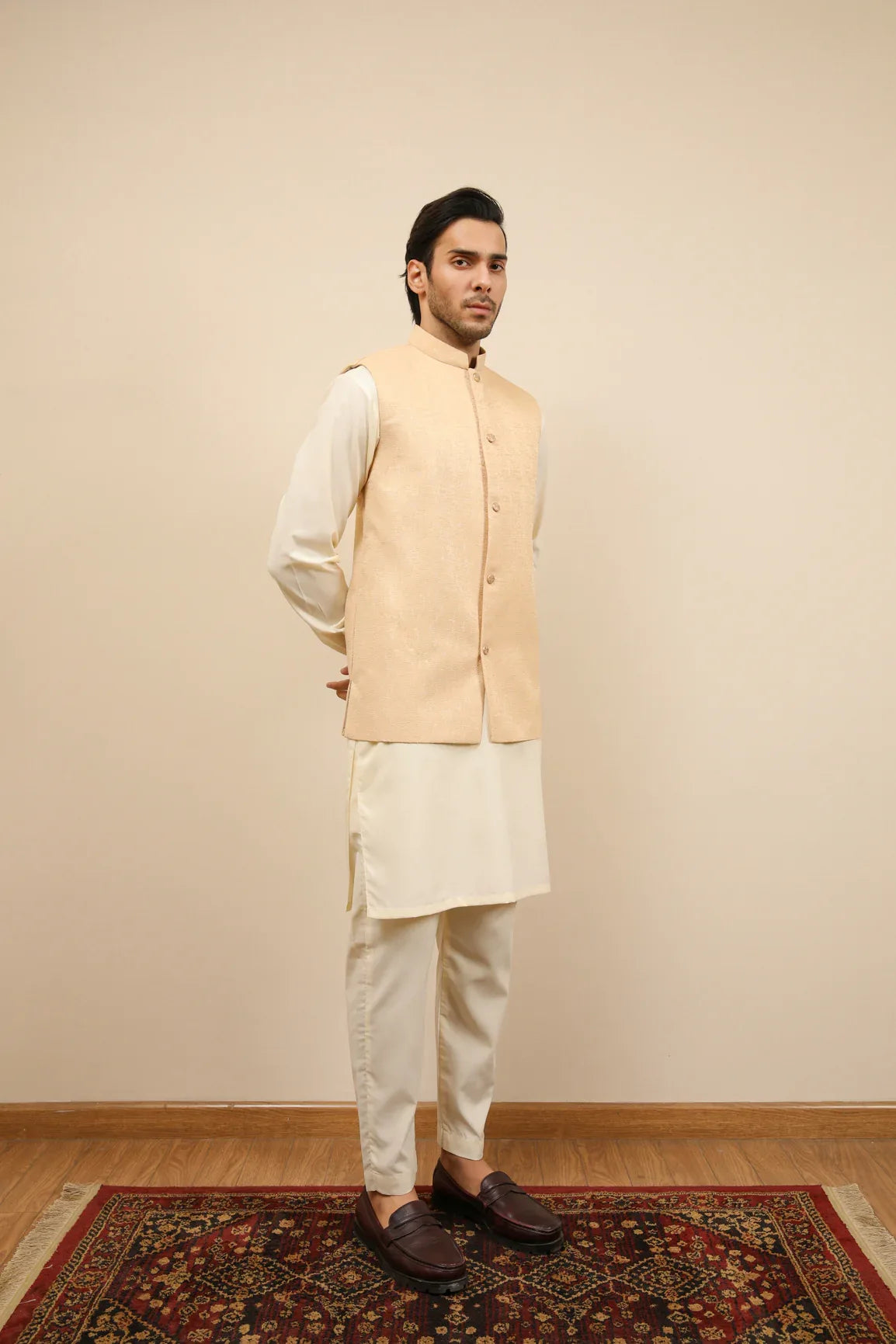 Bosky White Kurta Trouser with Ivory Jamawar Waistcoat - 3PC - Men