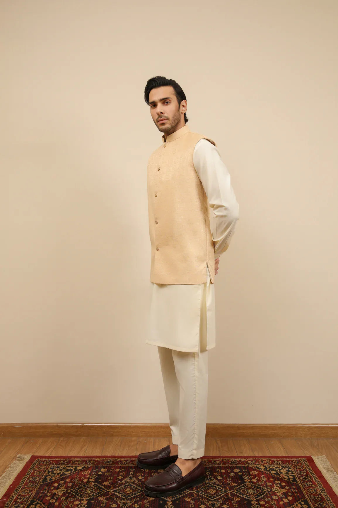 Bosky White Kurta Trouser with Ivory Jamawar Waistcoat - 3PC - Men