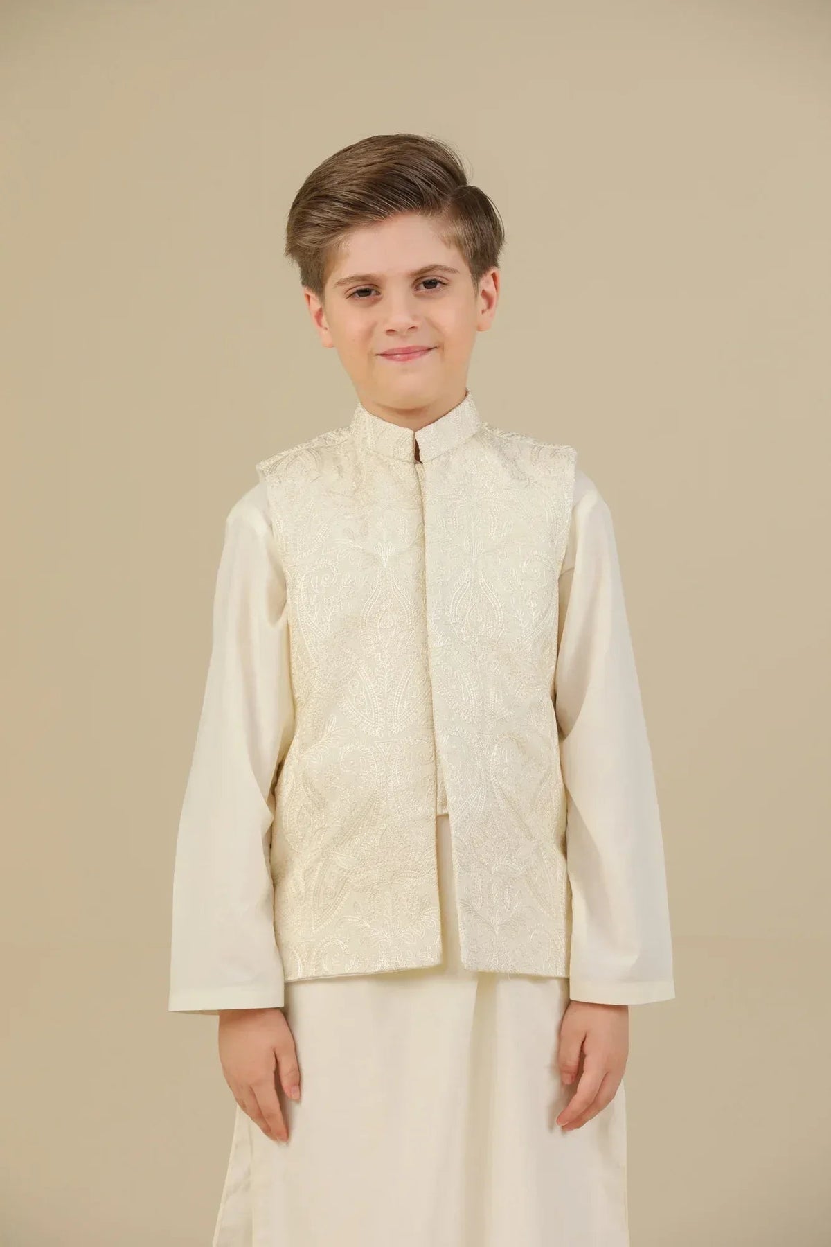 Bosky White Kurta Trouser with Cross Stitched Embroidered Waistcoat - 3PC - Kids
