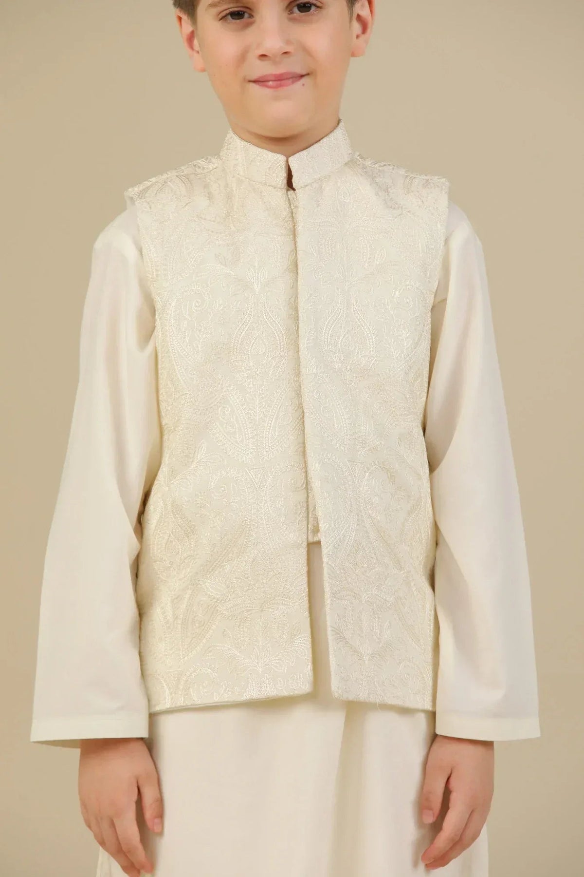 Bosky White Kurta Trouser with Cross Stitched Embroidered Waistcoat - 3PC - Kids