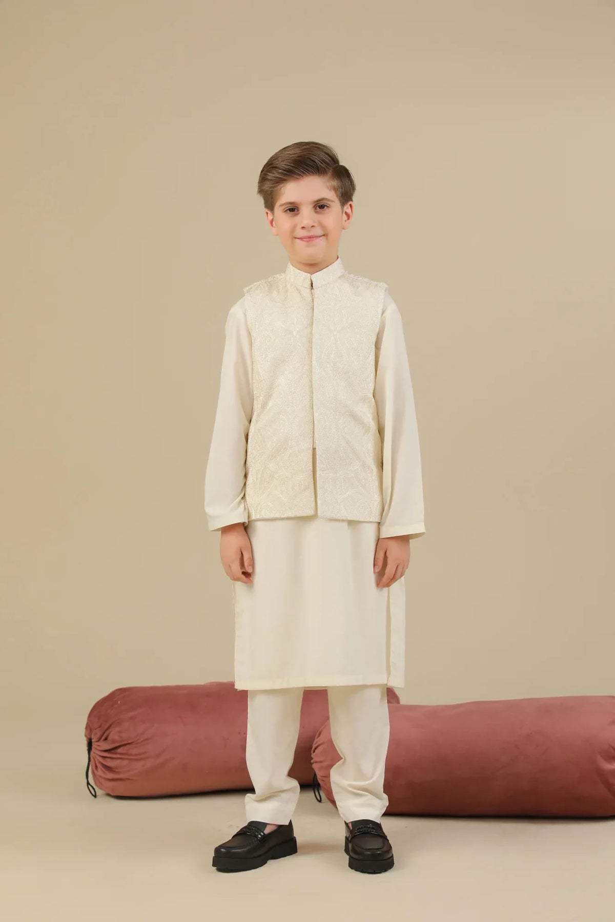 Bosky White Kurta Trouser with Cross Stitched Embroidered Waistcoat - 3PC - Kids