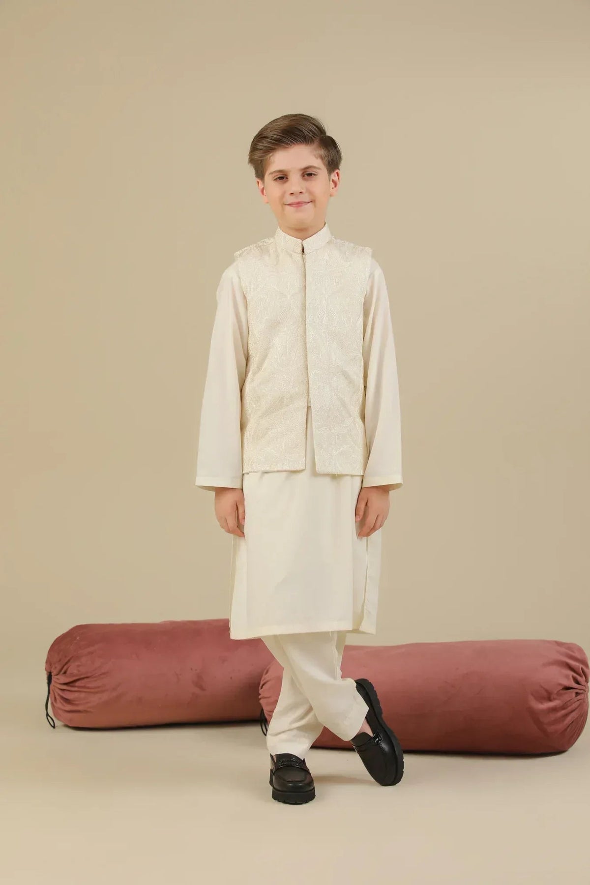 Bosky White Kurta Trouser with Cross Stitched Embroidered Waistcoat - 3PC - Kids