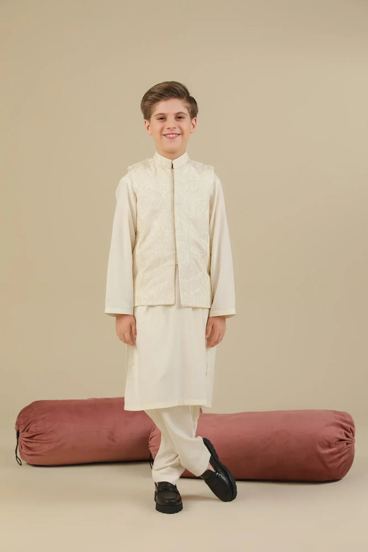 Bosky White Kurta Trouser with Cross Stitched Embroidered Waistcoat - 3PC - Kids