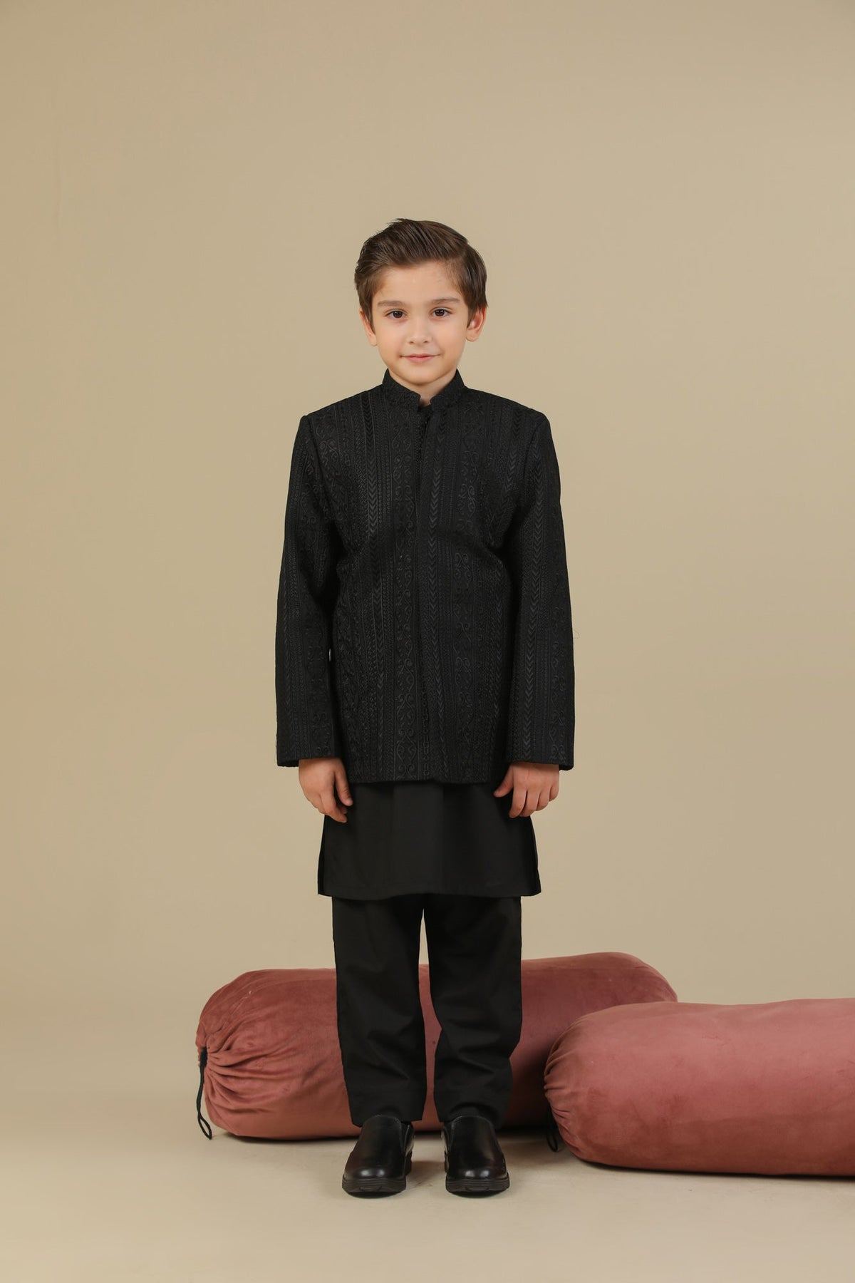 Black Kurta Trouser with Cross Stitched Embroidered Prince Coat - 3PC - Kids