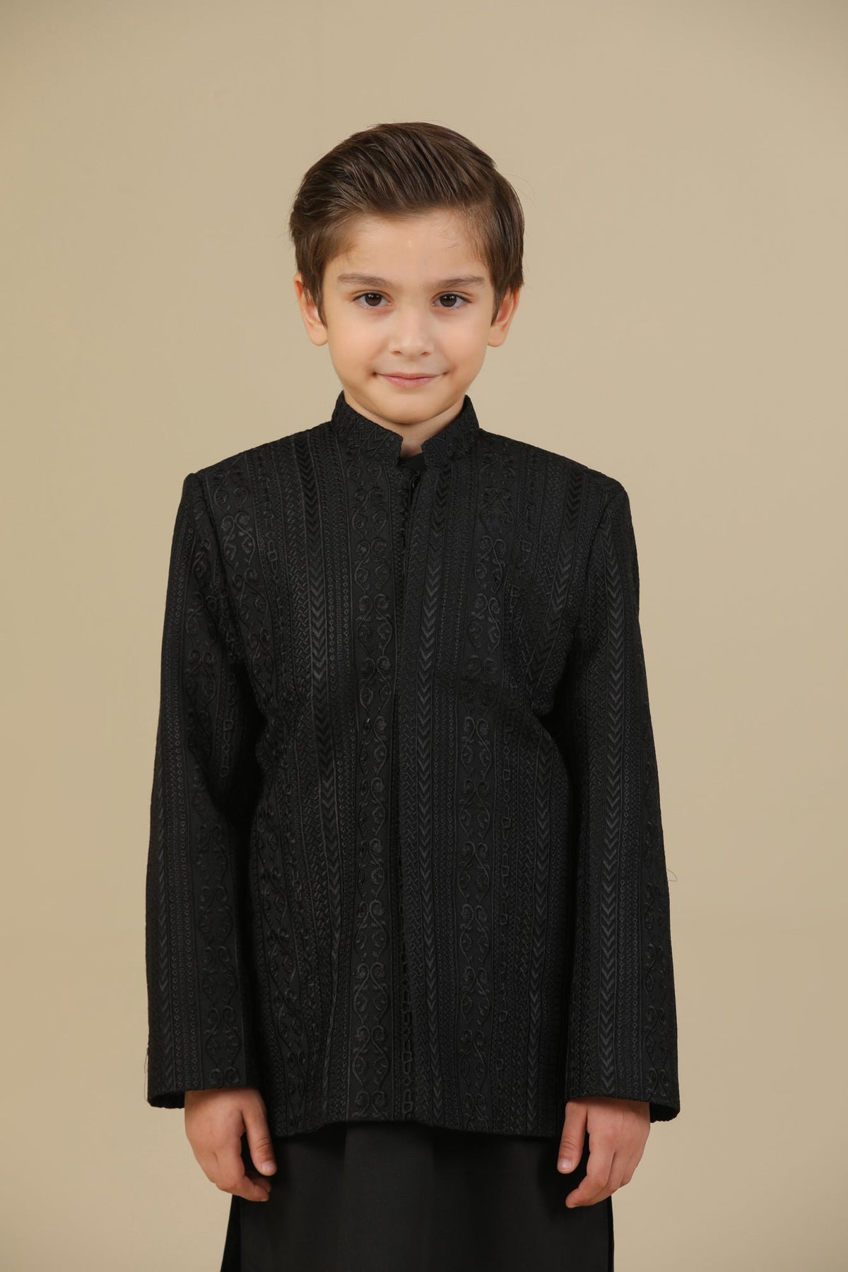 Black Kurta Trouser with Cross Stitched Embroidered Prince Coat - 3PC - Kids