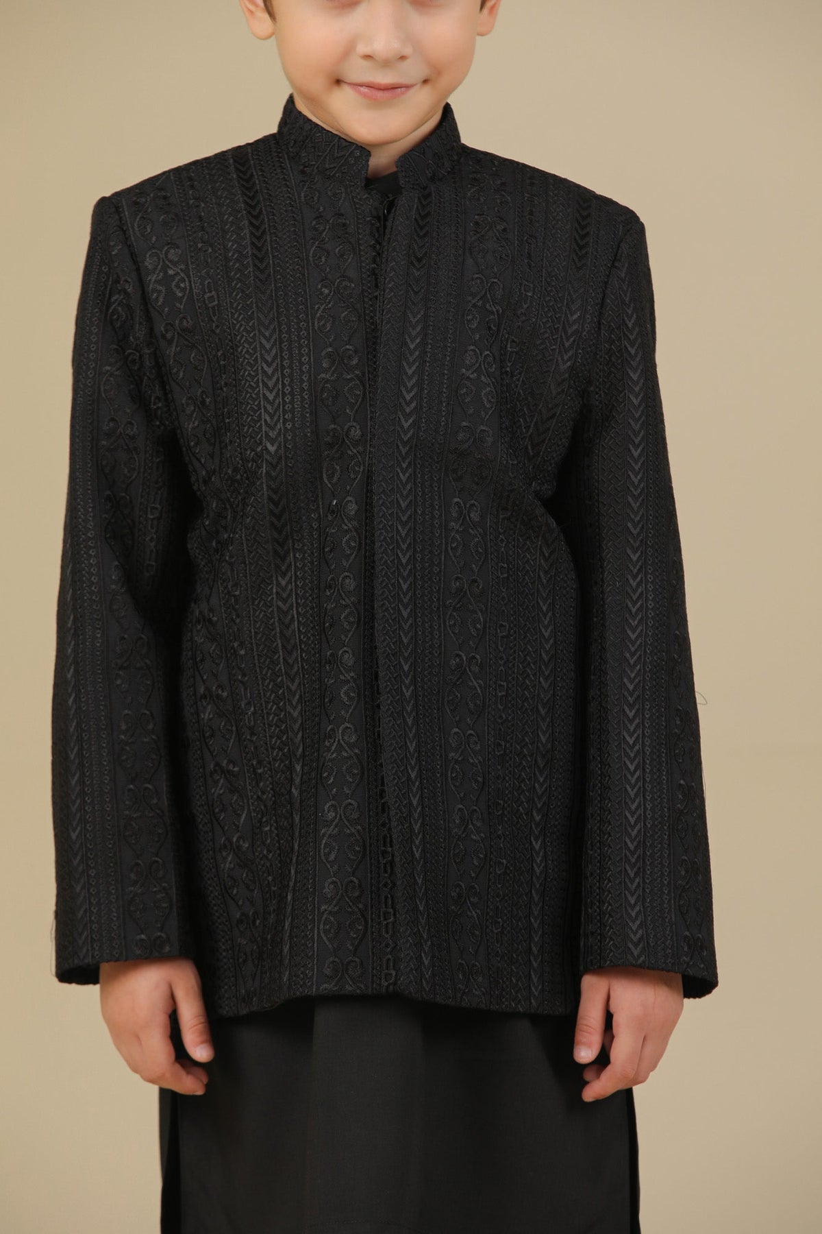 Black Kurta Trouser with Cross Stitched Embroidered Prince Coat - 3PC - Kids