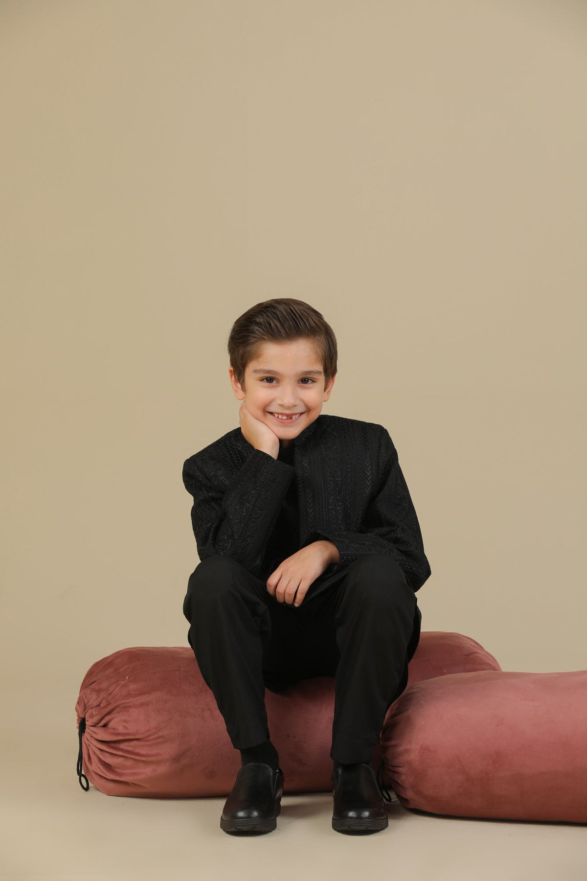 Black Kurta Trouser with Cross Stitched Embroidered Prince Coat - 3PC - Kids