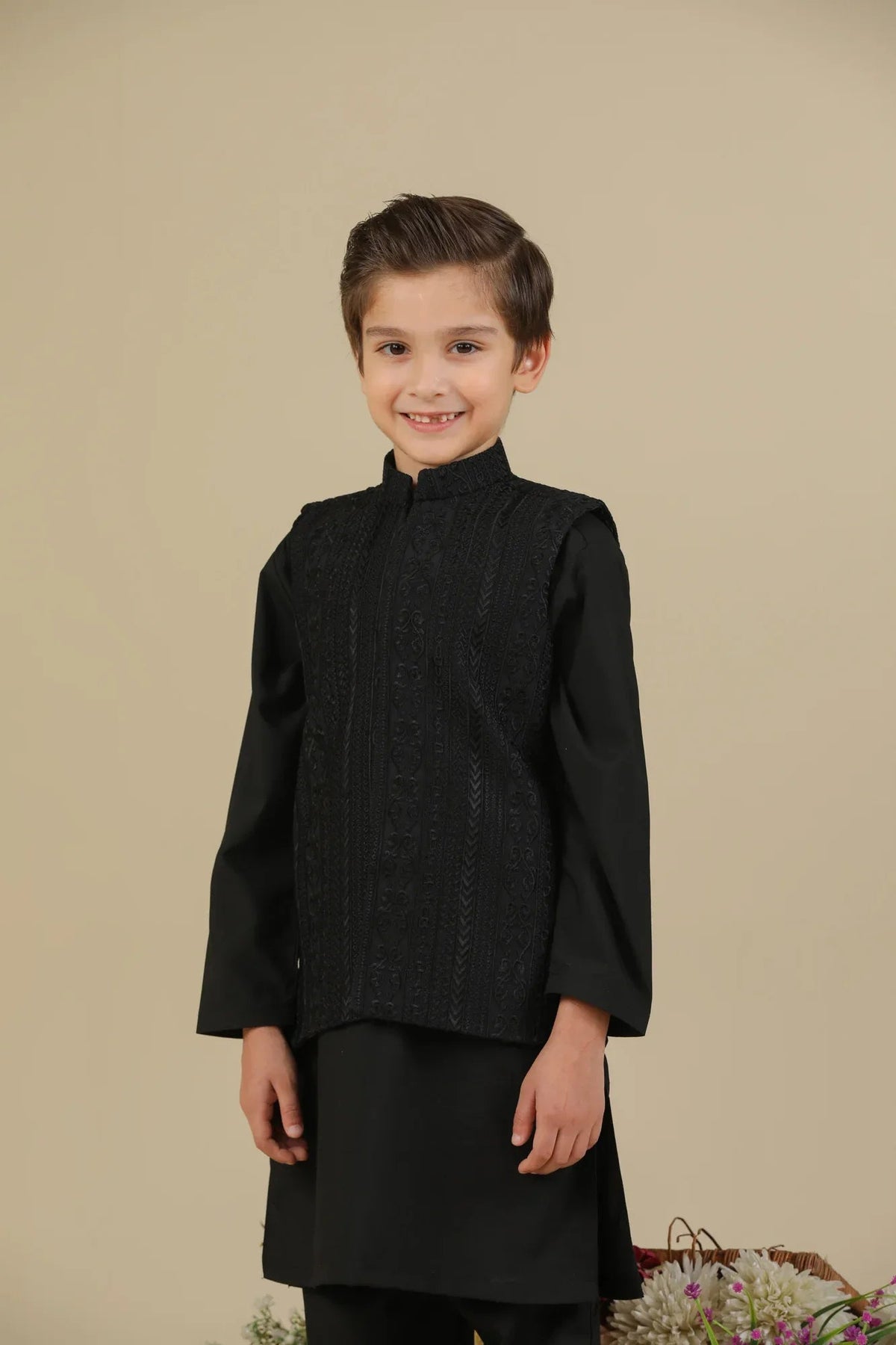 Black Kurta Trouser with Cross Stitched Embroidered Waistcoat - 3PC - Kids