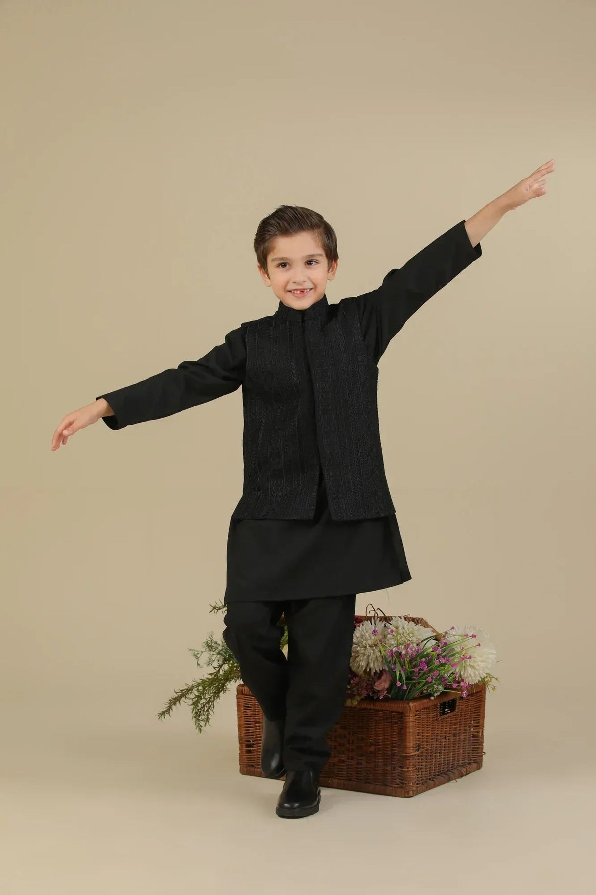 Black Kurta Trouser with Cross Stitched Embroidered Waistcoat - 3PC - Kids
