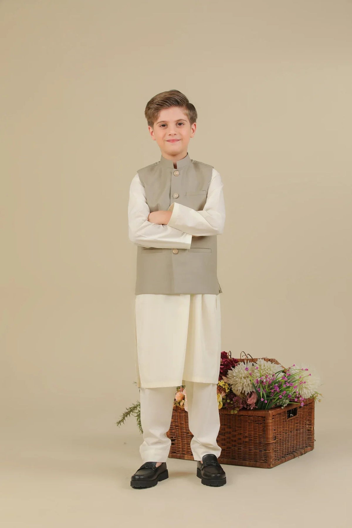 Bosky White Kurta Trouser with Beige Suiting Waistcoat - Straight Cut - Kids