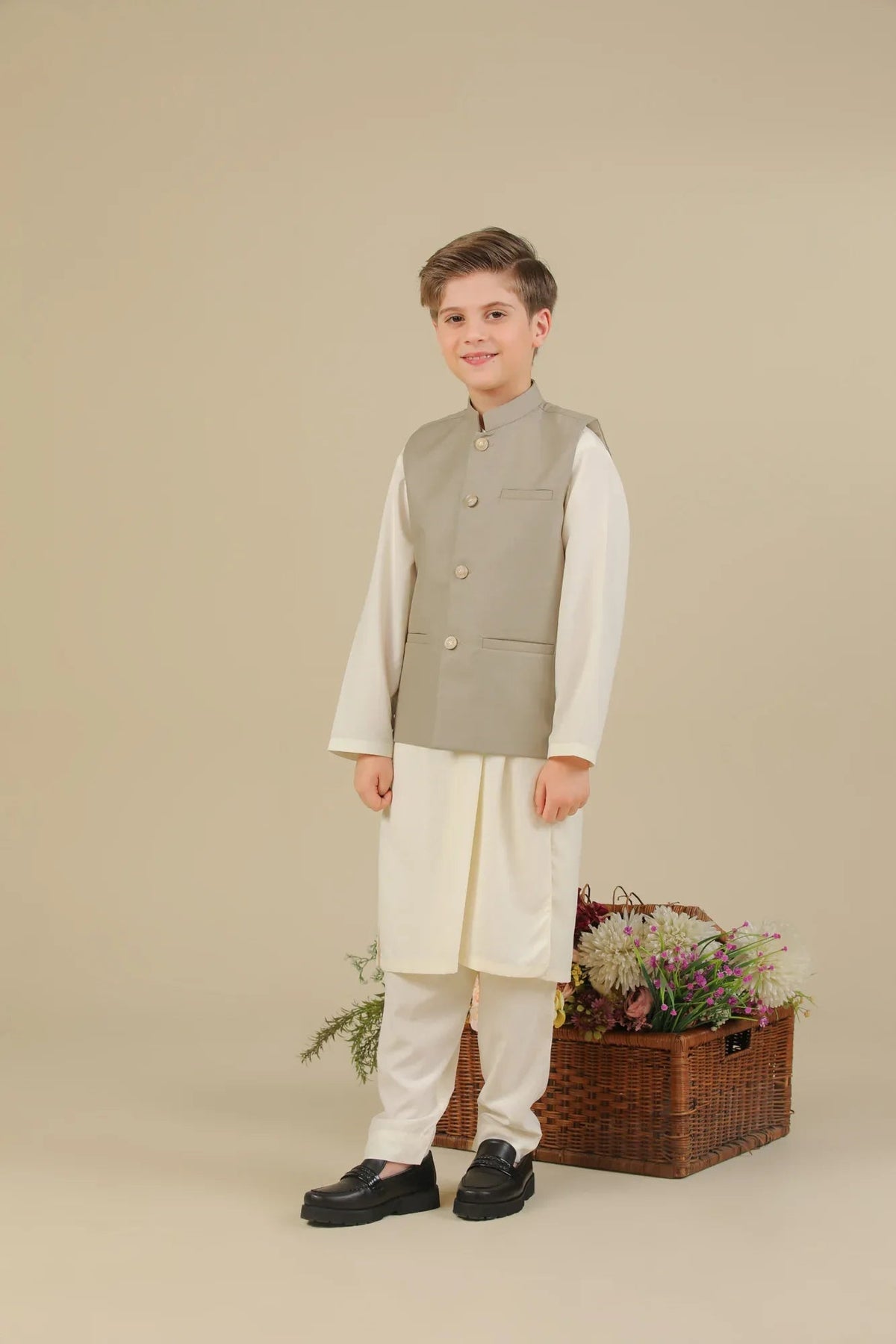 Bosky White Kurta Trouser with Beige Suiting Waistcoat - Straight Cut - Kids