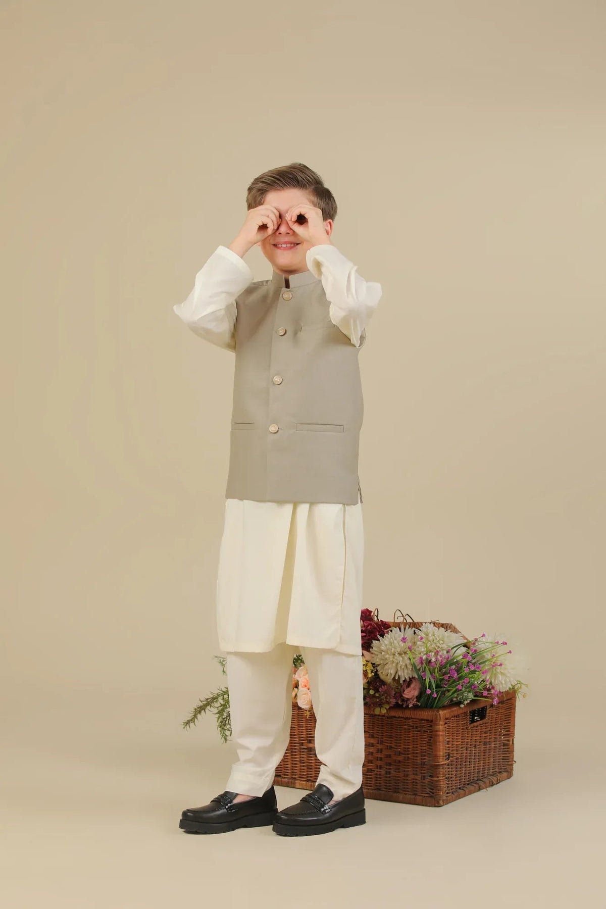 Bosky White Kurta Trouser with Beige Suiting Waistcoat - Straight Cut - Kids