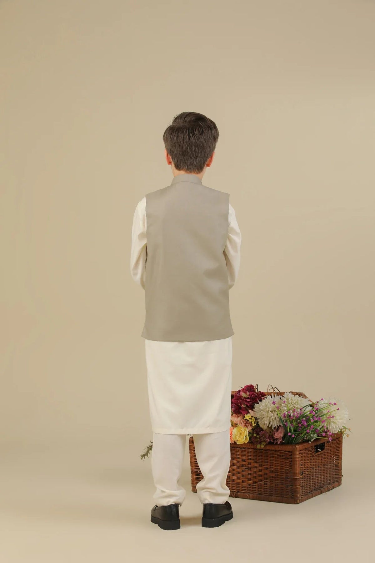 Bosky White Kurta Trouser with Beige Suiting Waistcoat - Straight Cut - Kids