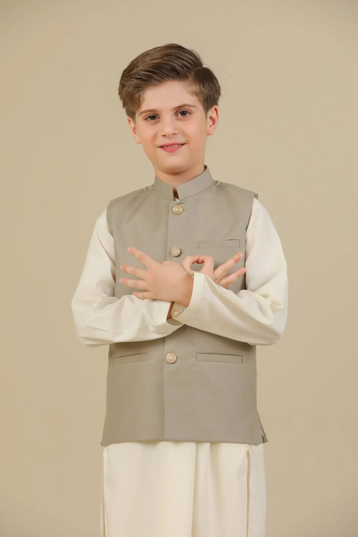 Bosky White Kurta Trouser with Beige Suiting Waistcoat - Straight Cut - Kids