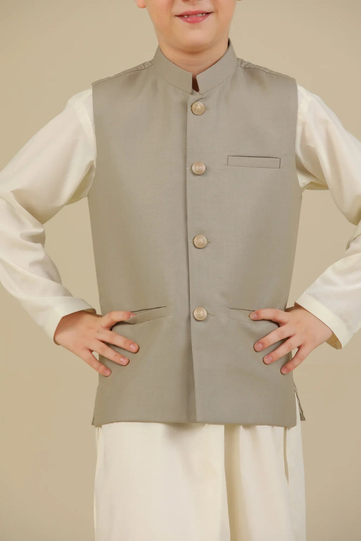 Bosky White Kurta Trouser with Beige Suiting Waistcoat - Straight Cut - Kids