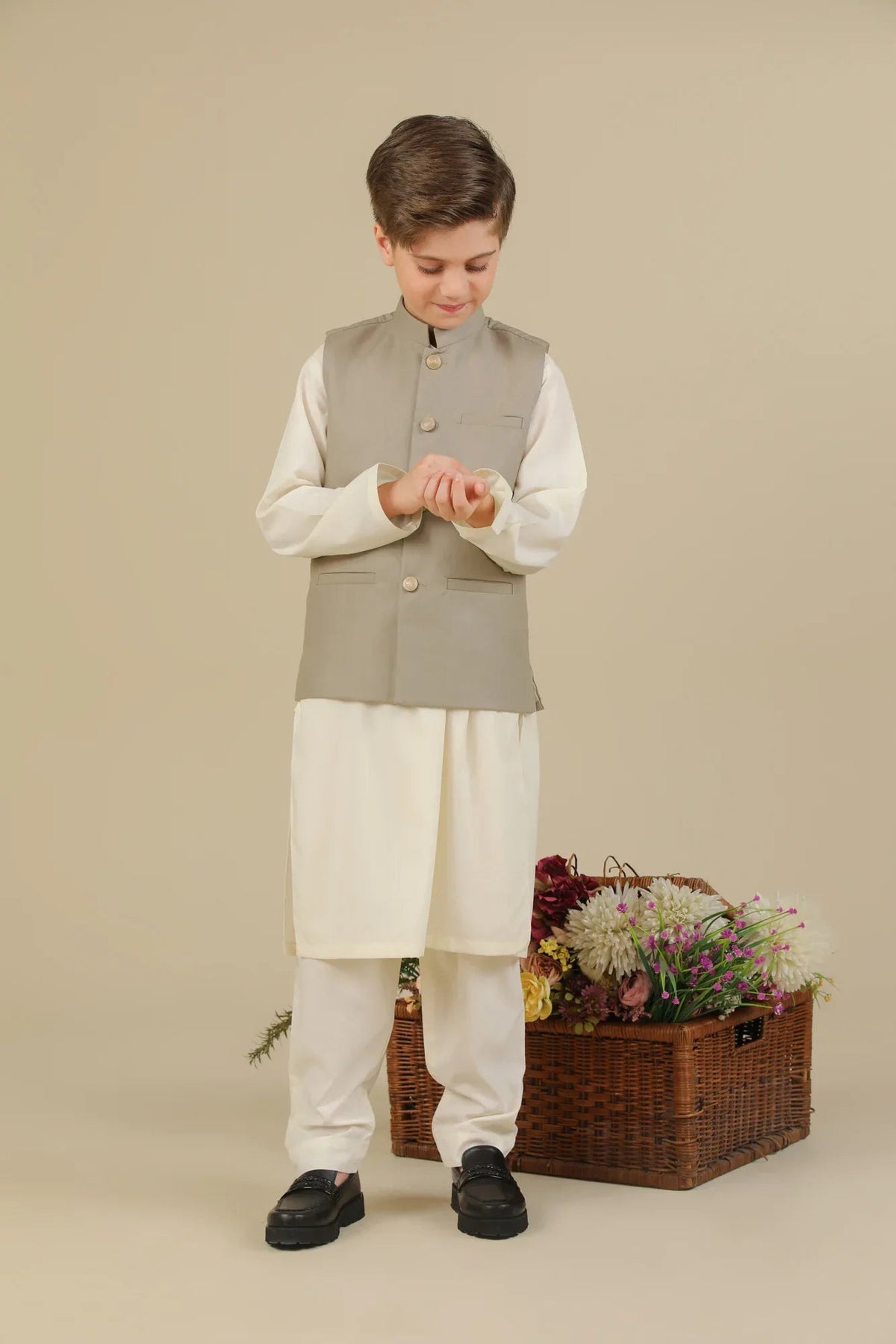 Bosky White Kurta Trouser with Beige Suiting Waistcoat - Straight Cut - Kids