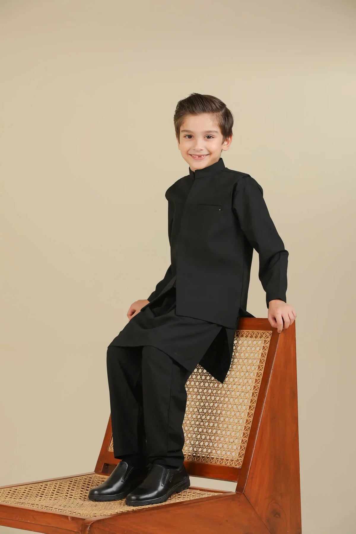 Midnight Black Kurta Trouser with Blended Waistcoat - Kids