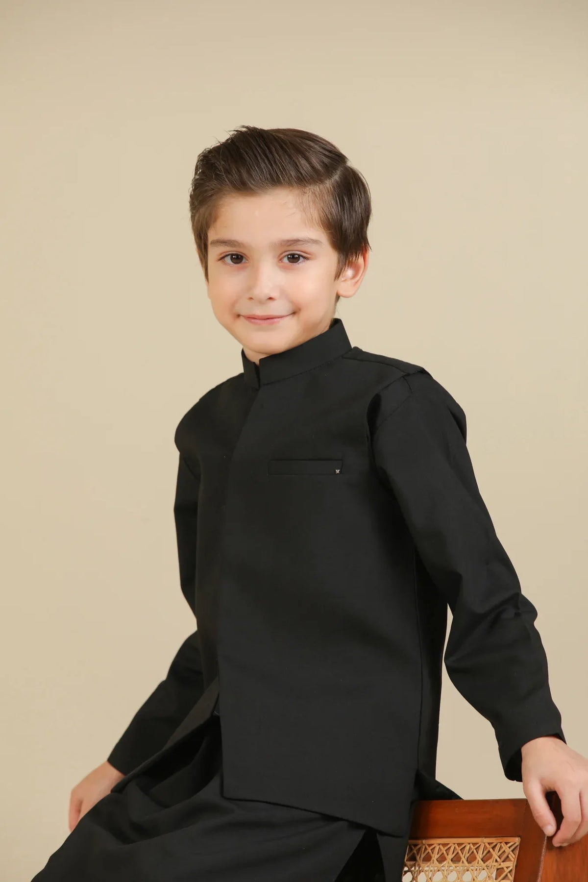 Midnight Black Kurta Trouser with Blended Waistcoat - Kids