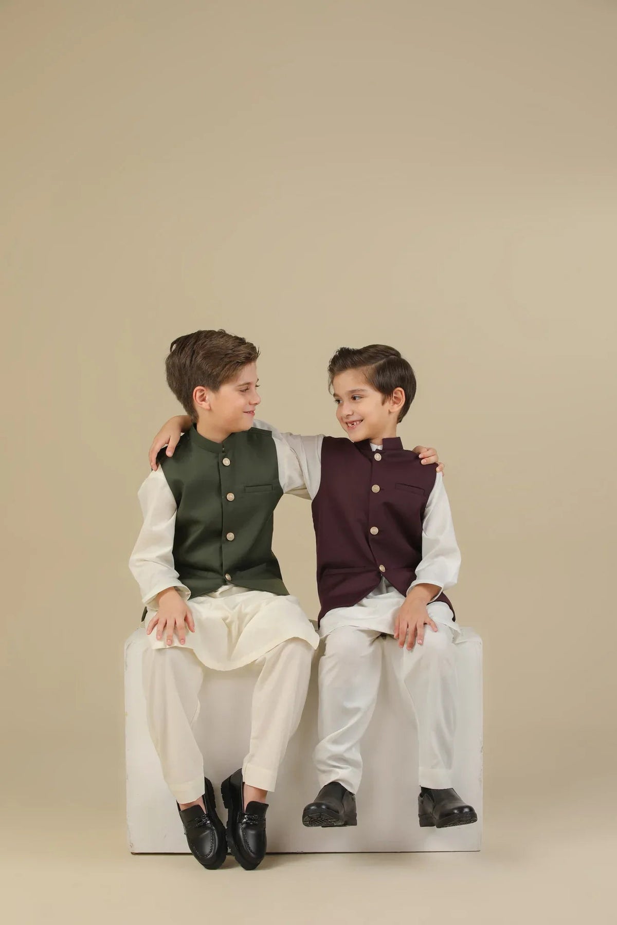 Off White Kurta Trouser with Burgundy Suiting Waistcoat - Straight Cut - Kids