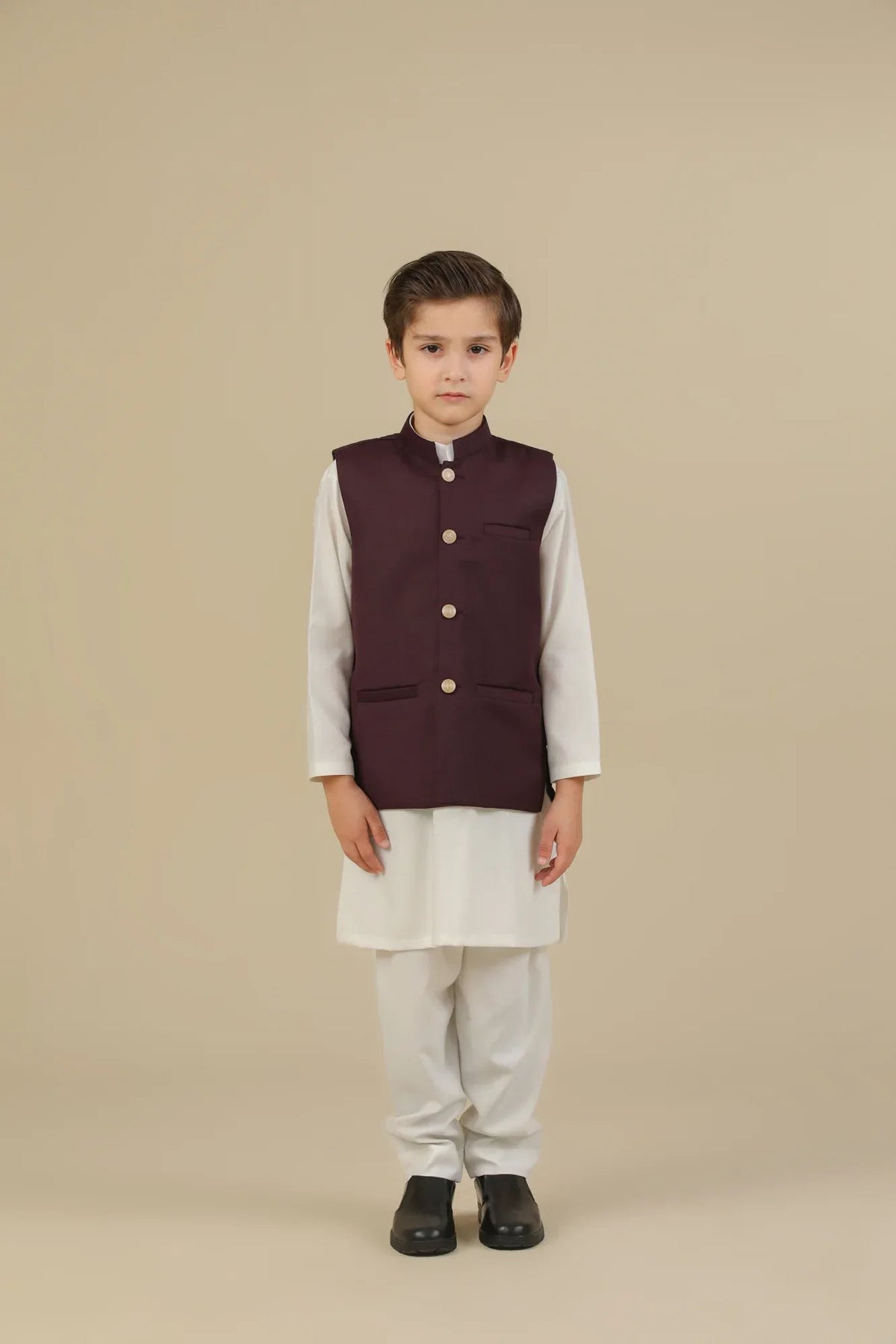 Off White Kurta Trouser with Burgundy Suiting Waistcoat - Straight Cut - Kids