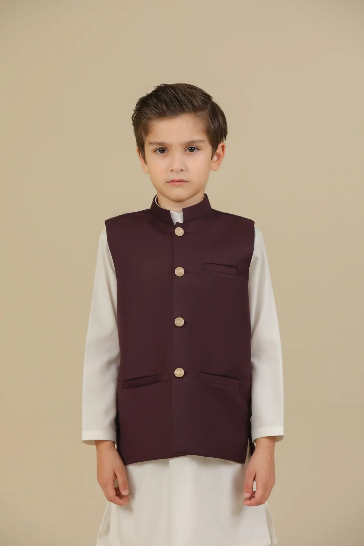 Off White Kurta Trouser with Burgundy Suiting Waistcoat - Straight Cut - Kids
