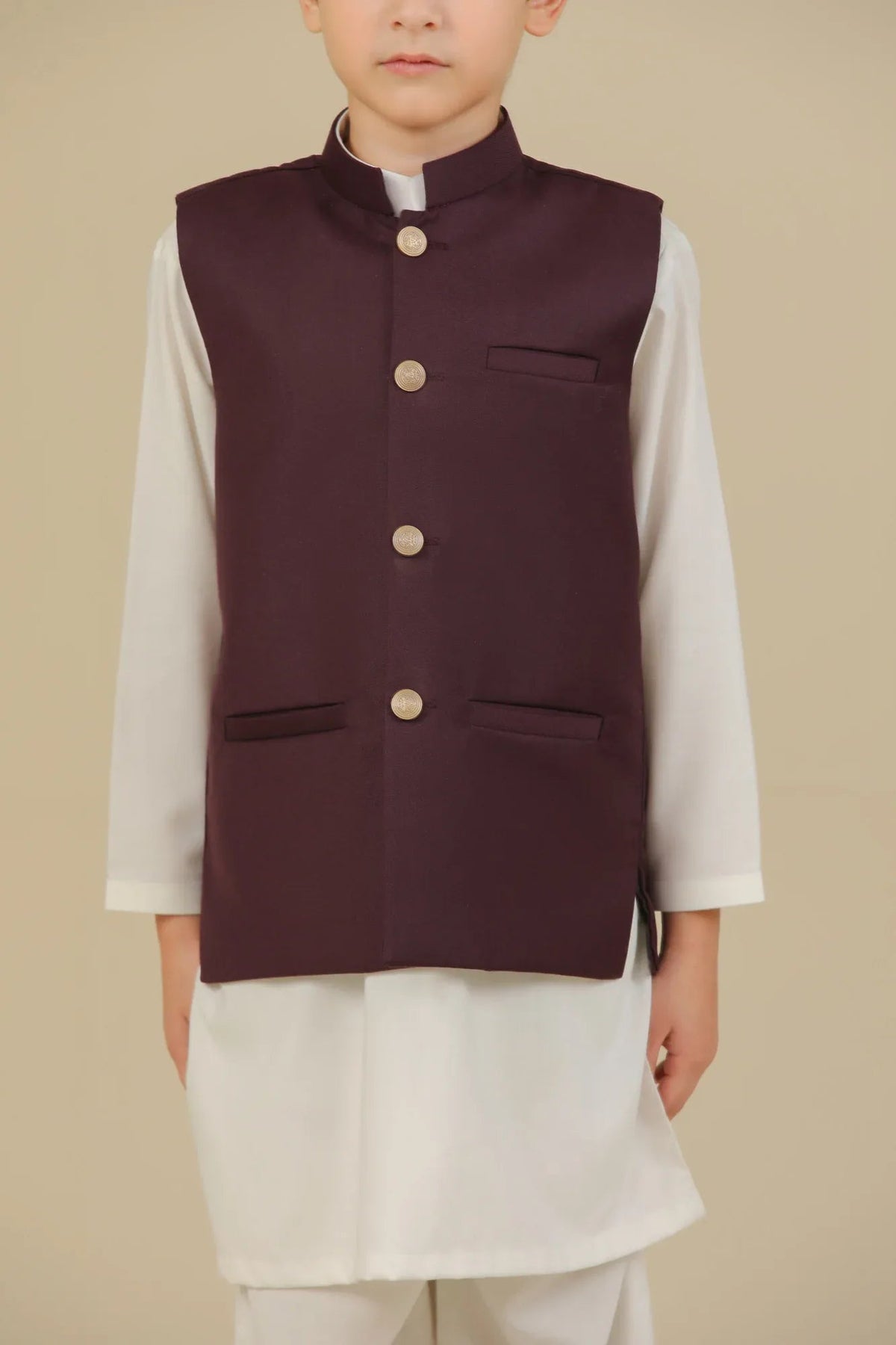 Off White Kurta Trouser with Burgundy Suiting Waistcoat - Straight Cut - Kids
