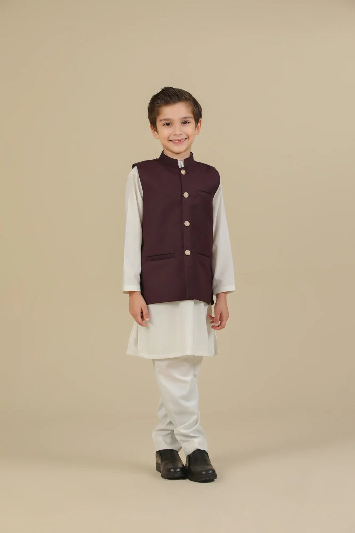 Off White Kurta Trouser with Burgundy Suiting Waistcoat - Straight Cut - Kids