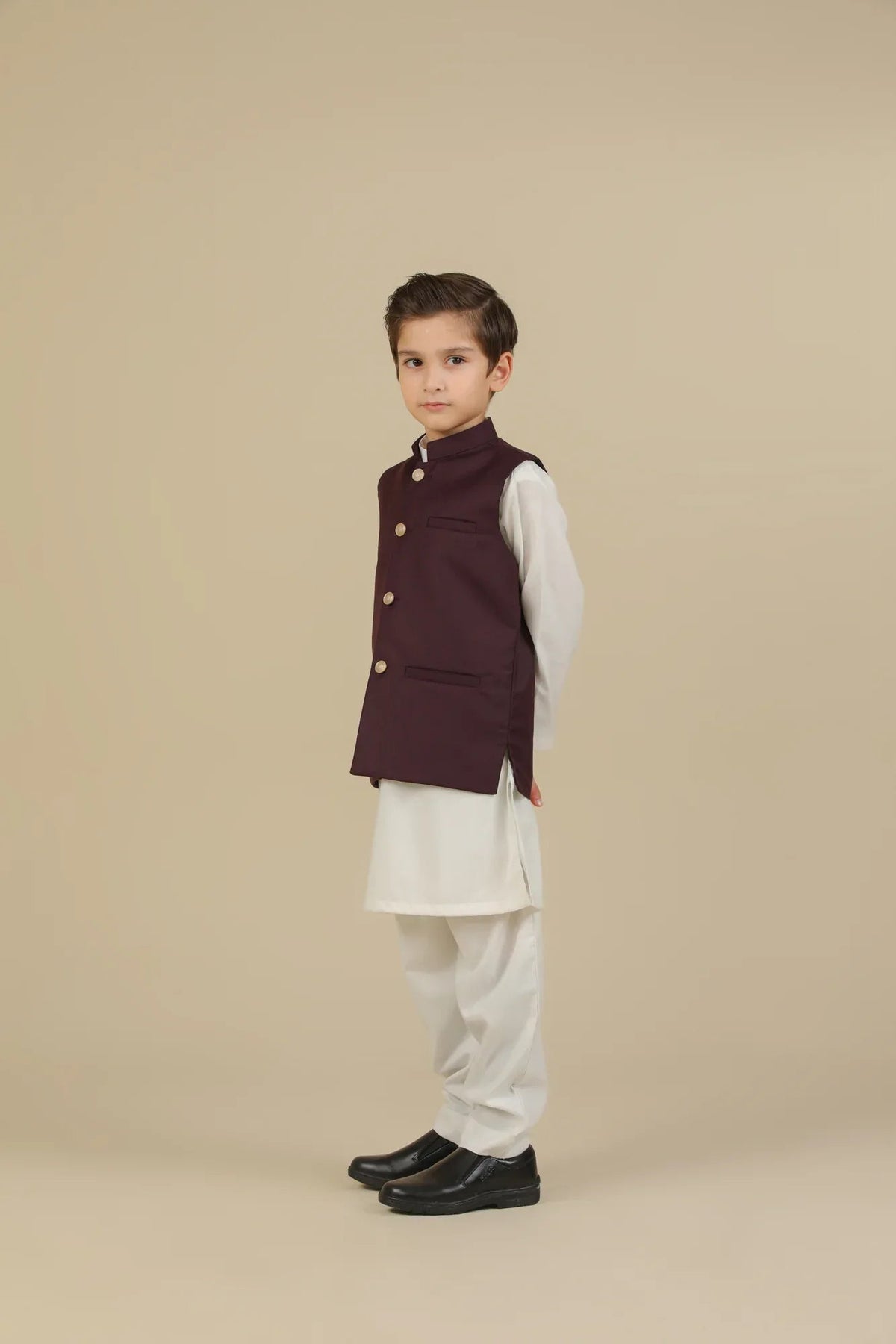 Off White Kurta Trouser with Burgundy Suiting Waistcoat - Straight Cut - Kids
