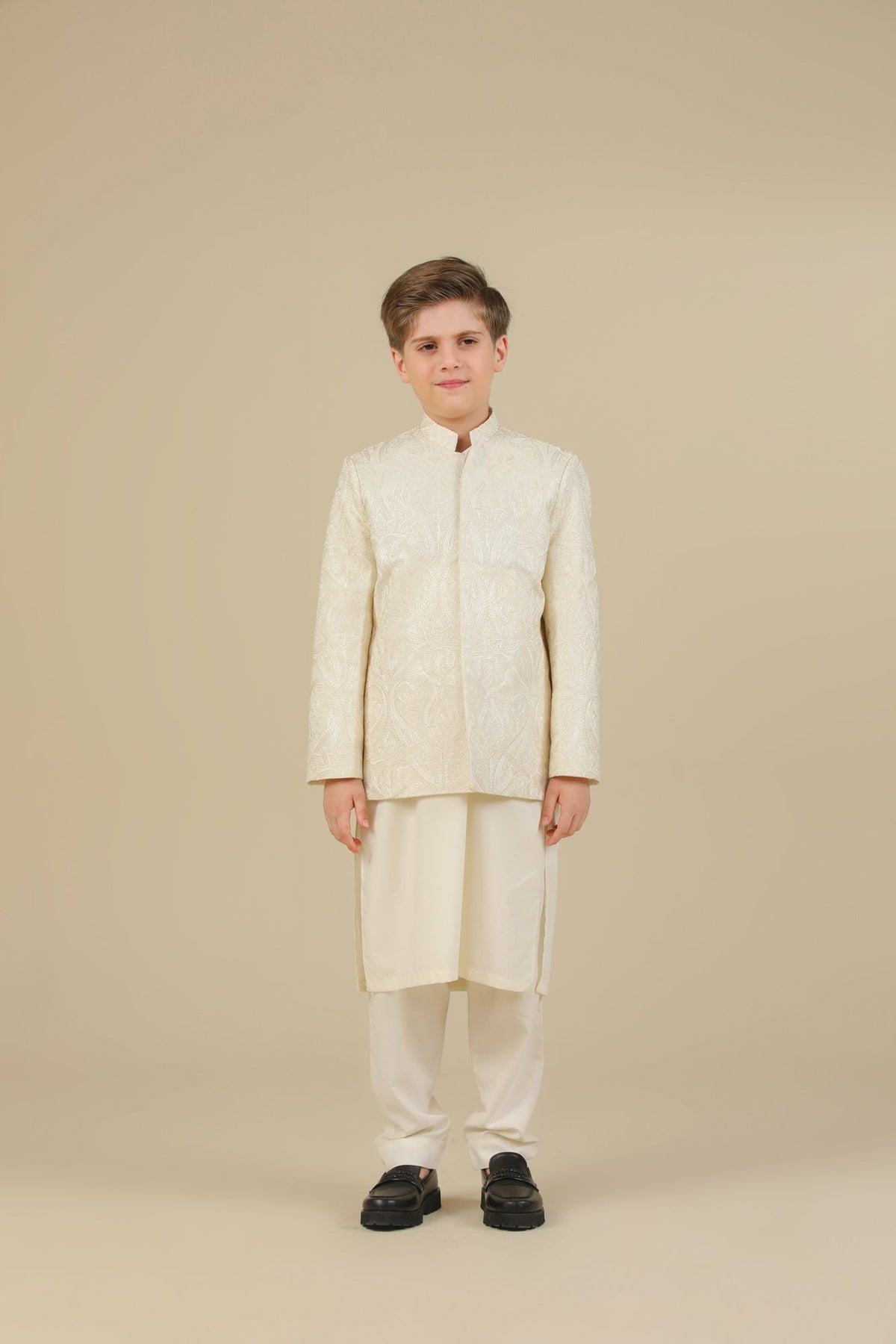 Bosky White Kurta Trouser with Cross Stitched Embroidered Prince Coat - 3PC - Kids