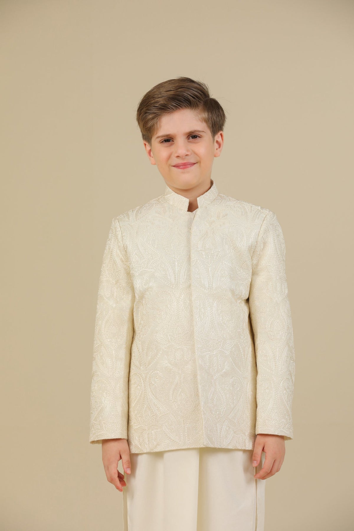 Bosky White Kurta Trouser with Cross Stitched Embroidered Prince Coat - 3PC - Kids